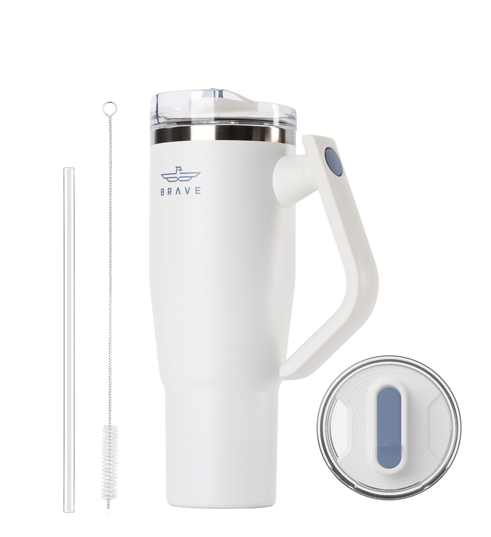 Brave Temp Guard Vacuum Insulated Travel Mug – 180° Rotating Handle, 24H Cold & 12H Hot Retention, Leak-Proof Lid, 1200ml - White