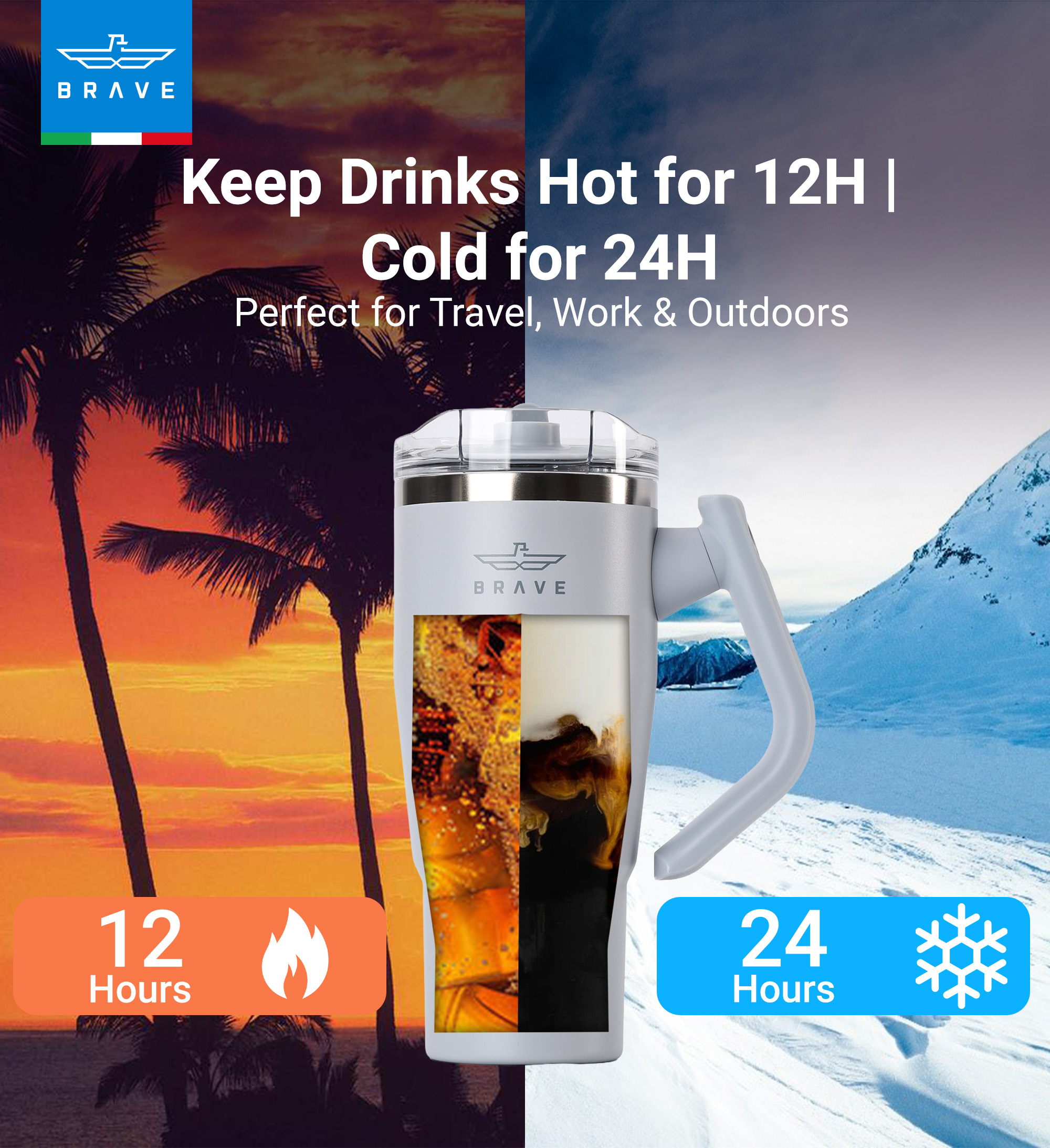 Brave Temp Guard Vacuum Insulated Travel Mug – 180° Rotating Handle, 24H Cold & 12H Hot Retention, Leak-Proof Lid, 950ml - Antique Lilac