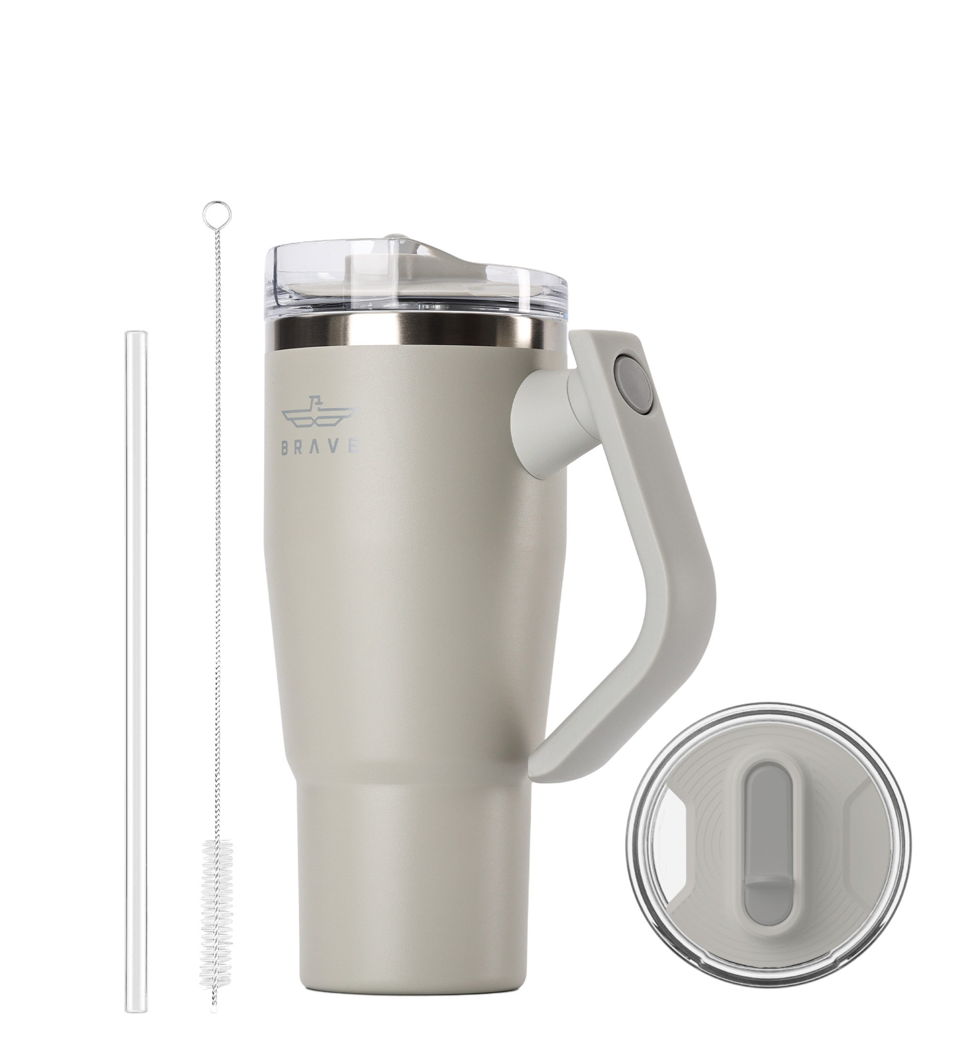 Brave Temp Guard Vacuum Insulated Travel Mug – 180° Rotating Handle, 24H Cold & 12H Hot Retention, Leak-Proof Lid, 950ml - Light Grey