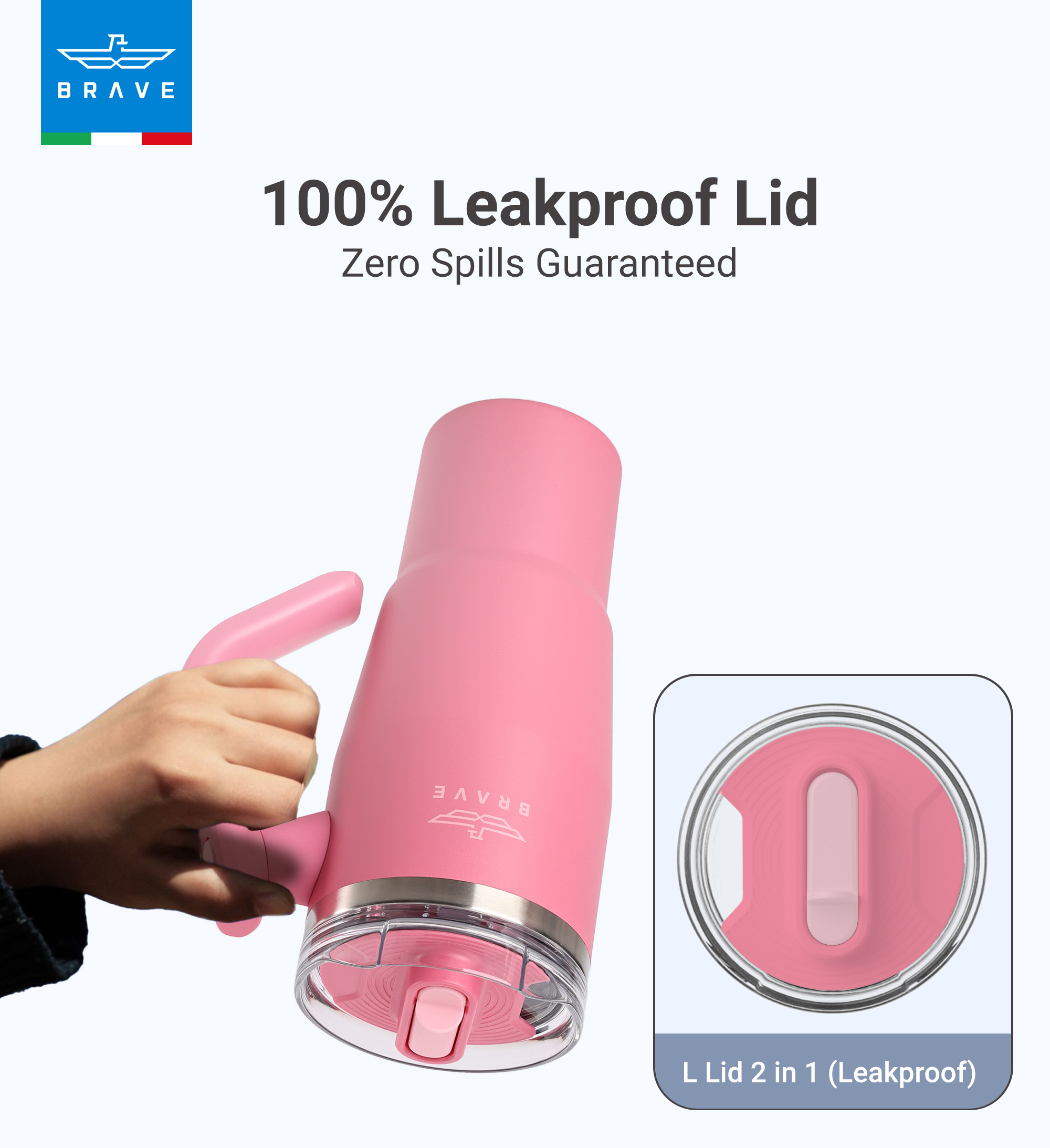 Brave Temp Guard Vacuum Insulated Travel Mug – 180° Rotating Handle, 24H Cold & 12H Hot Retention, Leak-Proof Lid, 950ml - Rose Red