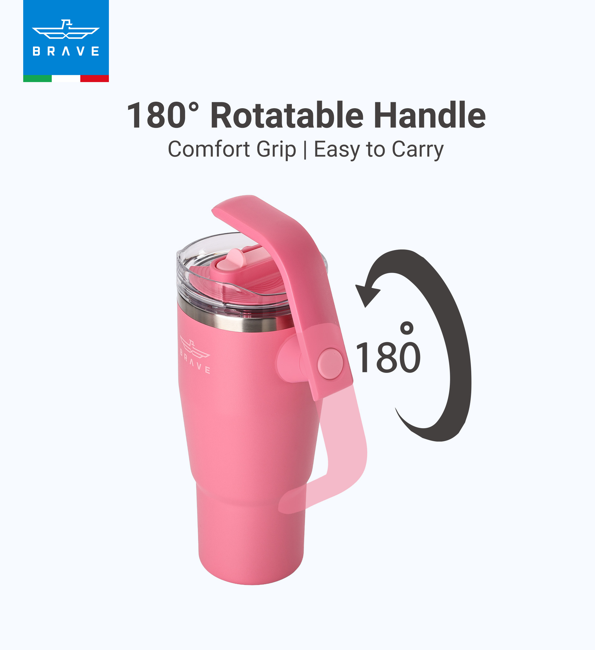 Brave Temp Guard Vacuum Insulated Travel Mug – 180° Rotating Handle, 24H Cold & 12H Hot Retention, Leak-Proof Lid, 950ml - Rose Red