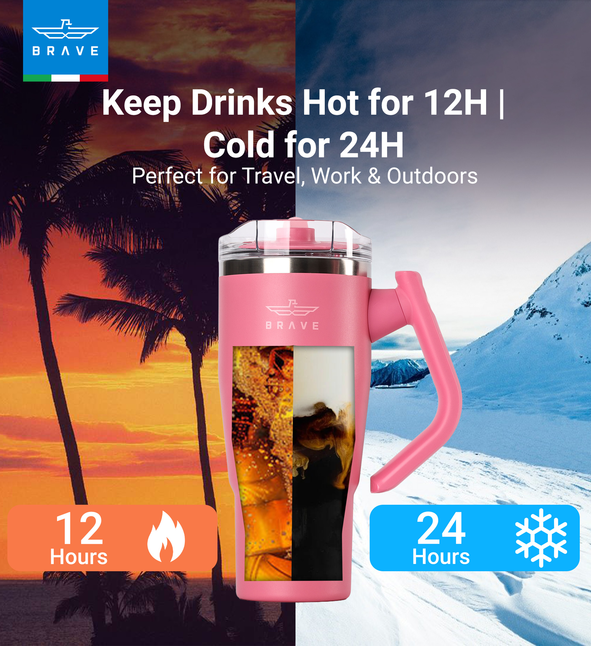 Brave Temp Guard Vacuum Insulated Travel Mug – 180° Rotating Handle, 24H Cold & 12H Hot Retention, Leak-Proof Lid, 950ml - Rose Red