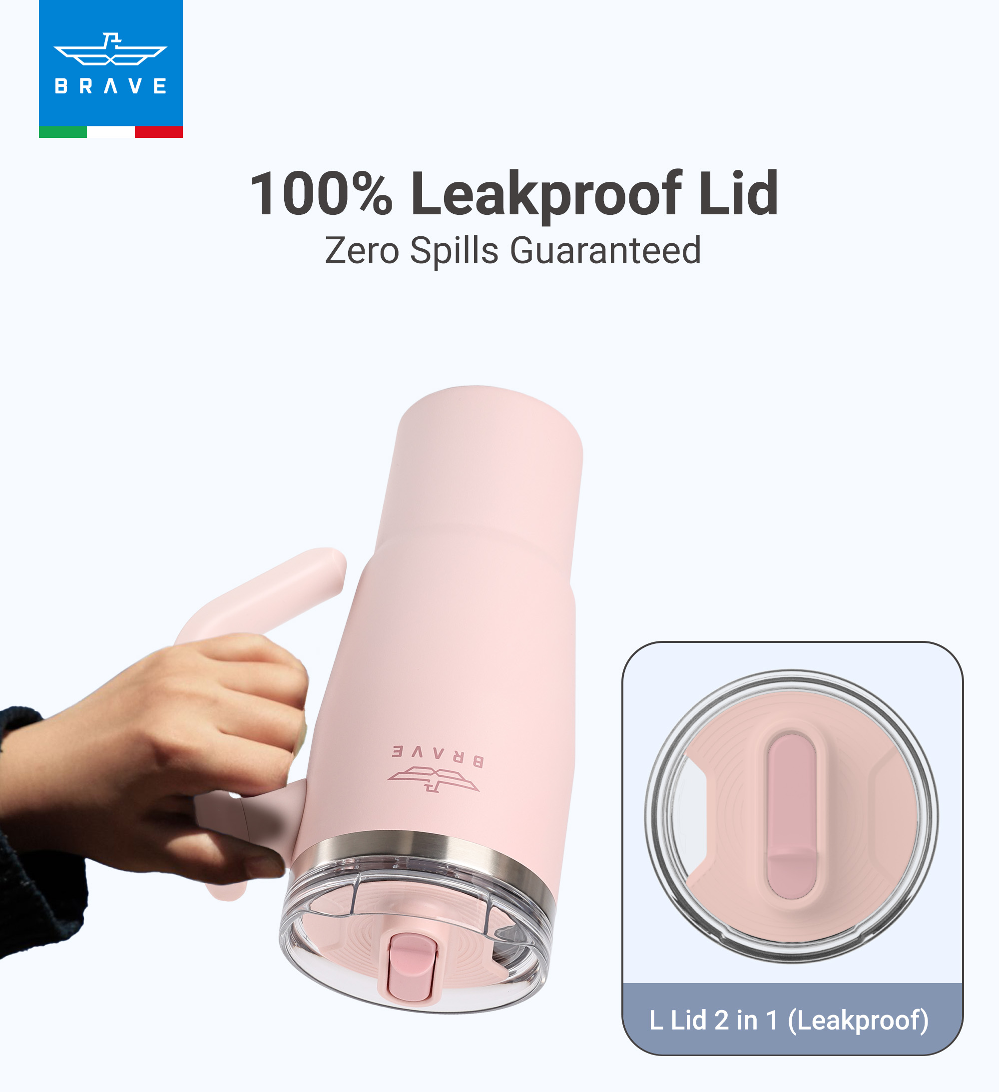 Brave Temp Guard Vacuum Insulated Travel Mug – 180° Rotating Handle, 24H Cold & 12H Hot Retention, Leak-Proof Lid, 950ml - Light Pink