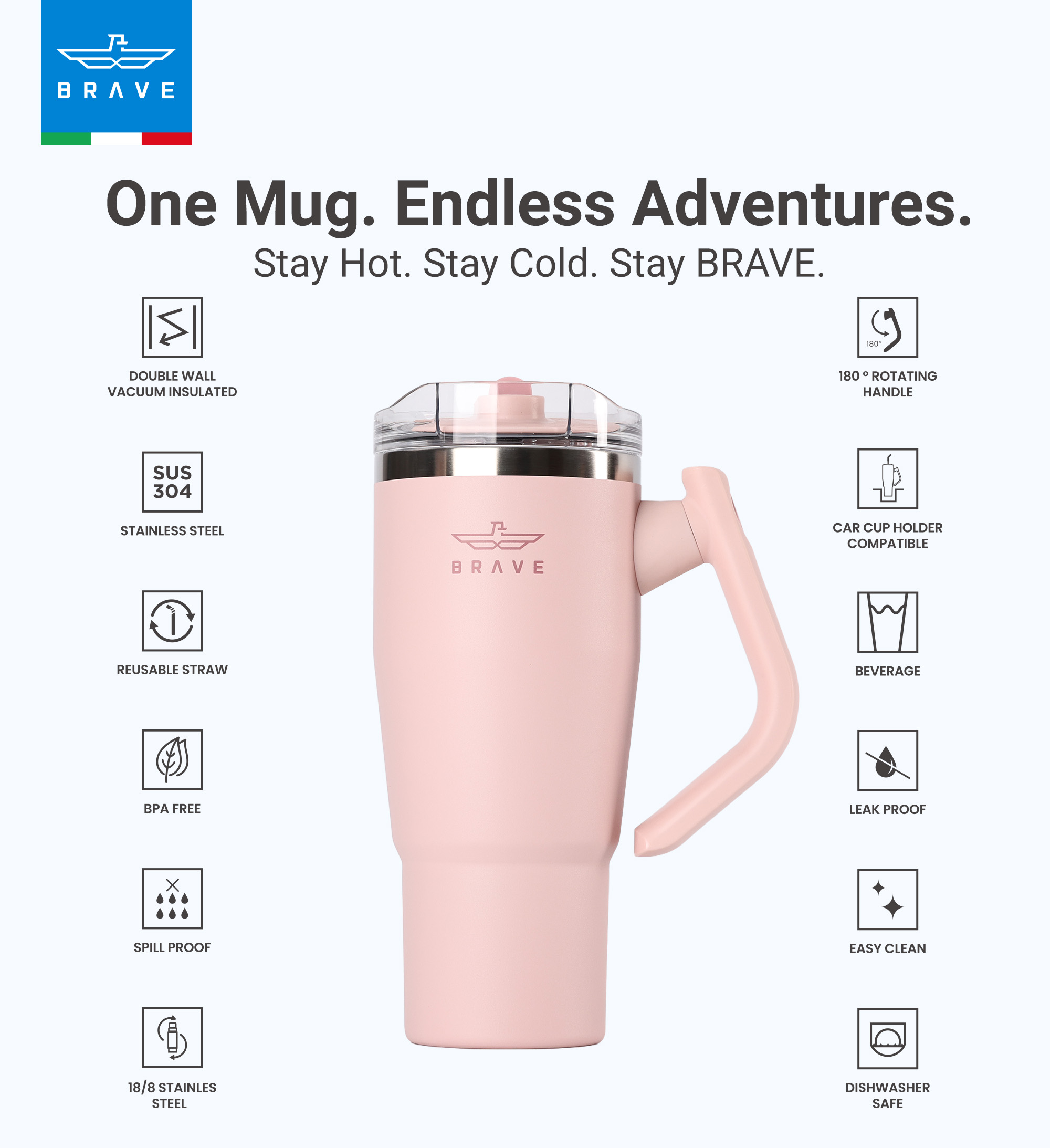 Brave Temp Guard Vacuum Insulated Travel Mug – 180° Rotating Handle, 24H Cold & 12H Hot Retention, Leak-Proof Lid, 950ml - Light Pink