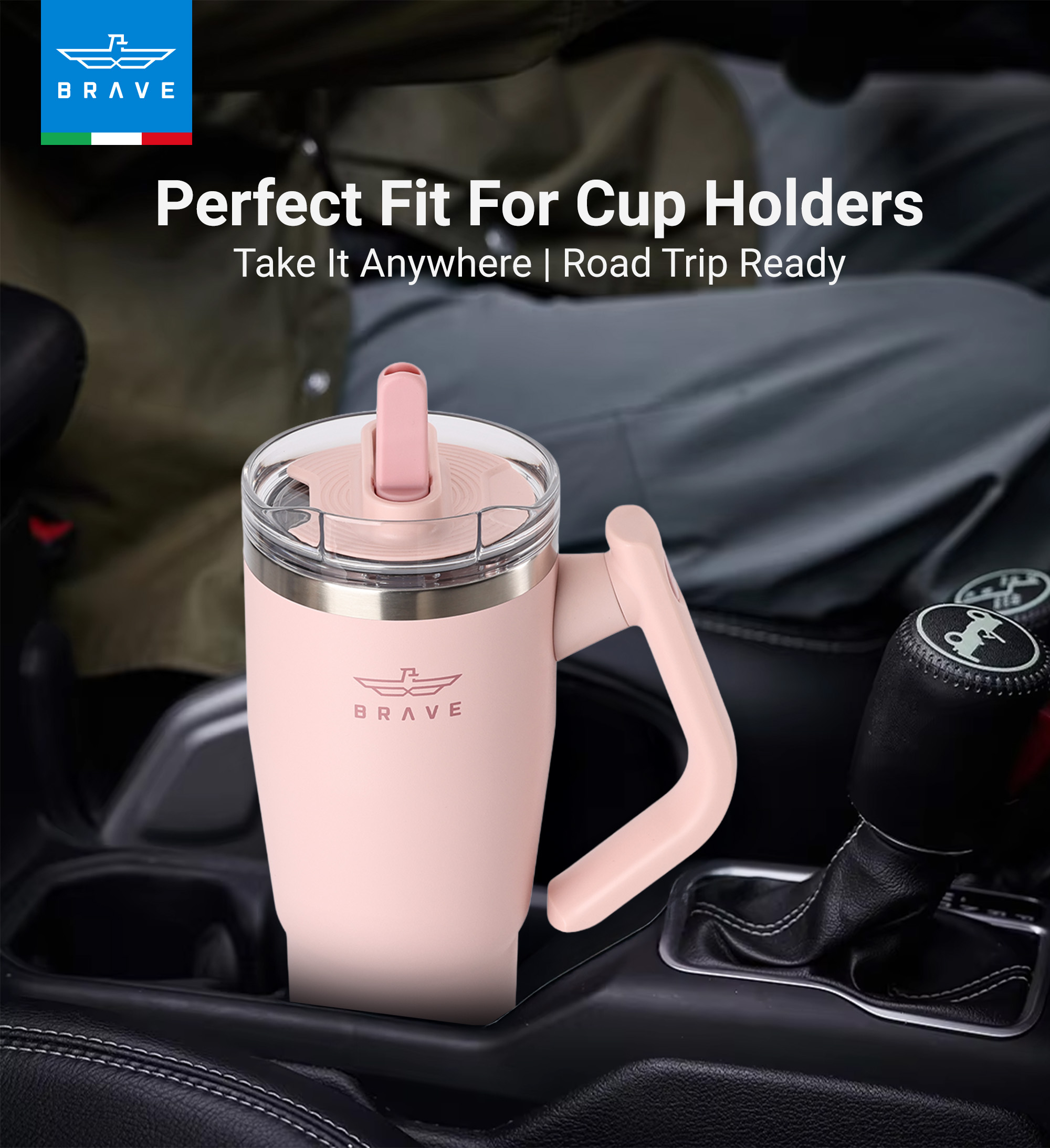 Brave Temp Guard Vacuum Insulated Travel Mug – 180° Rotating Handle, 24H Cold & 12H Hot Retention, Leak-Proof Lid, 950ml - Light Pink
