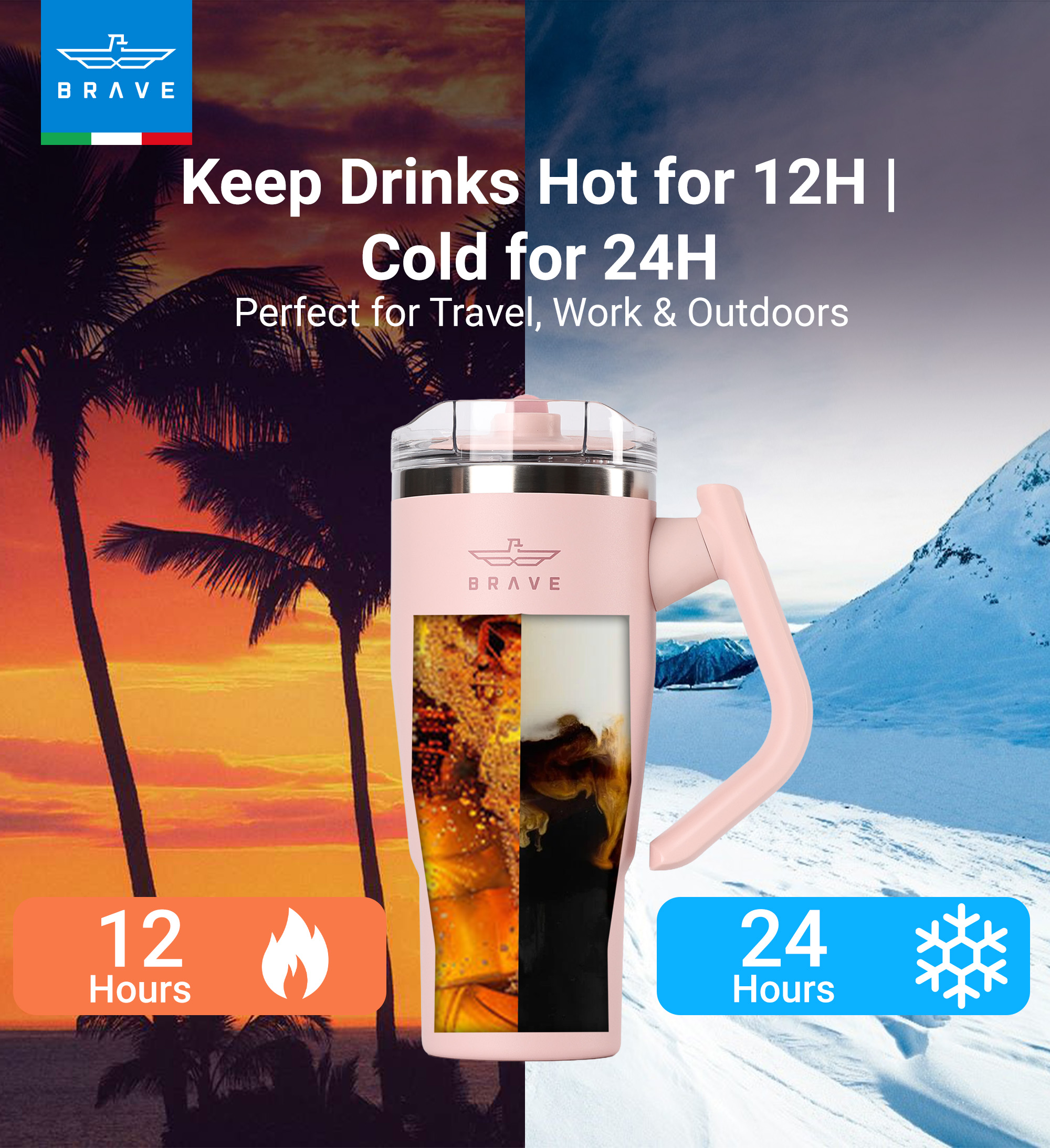 Brave Temp Guard Vacuum Insulated Travel Mug – 180° Rotating Handle, 24H Cold & 12H Hot Retention, Leak-Proof Lid, 950ml - Light Pink