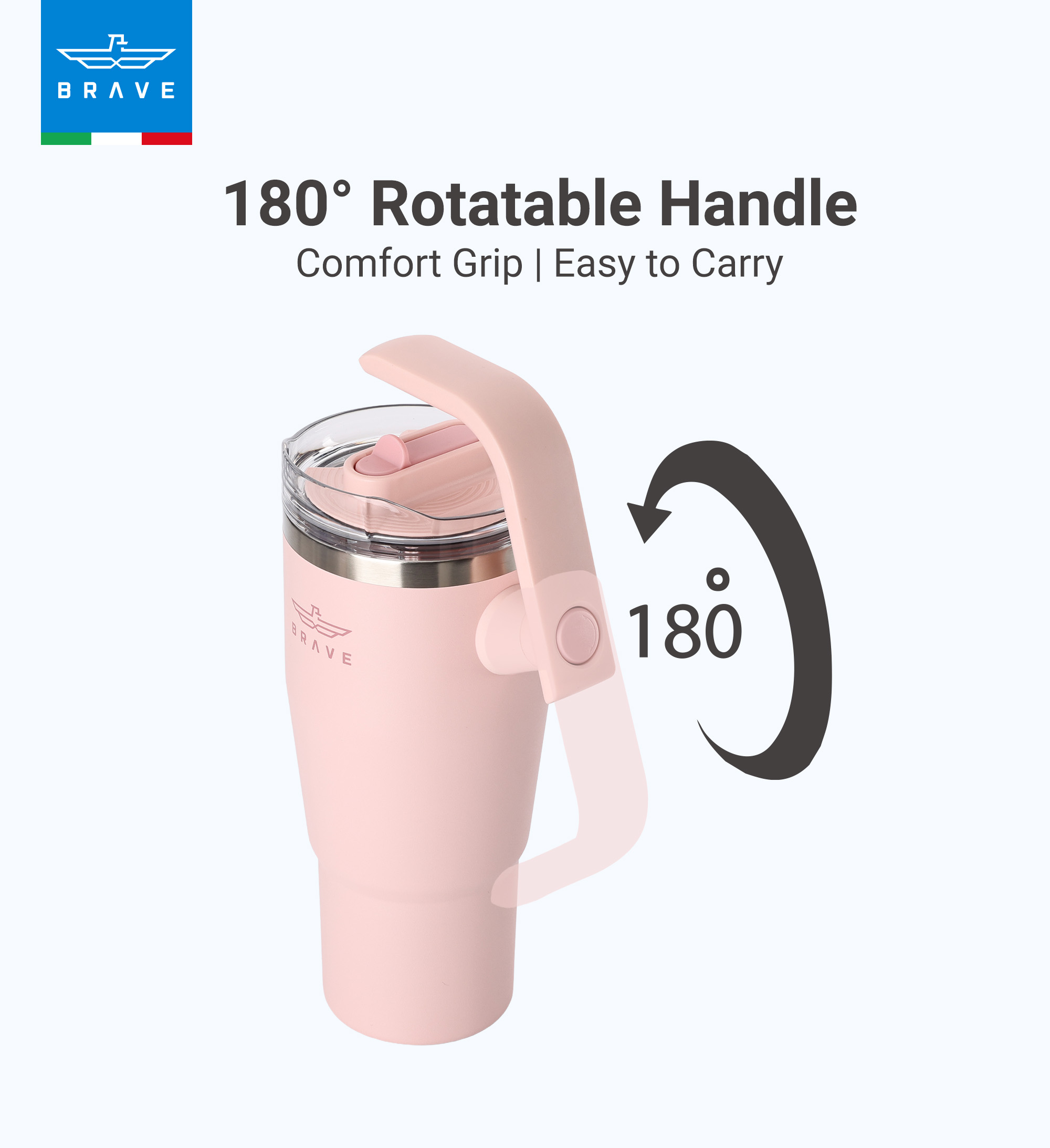 Brave Temp Guard Vacuum Insulated Travel Mug – 180° Rotating Handle, 24H Cold & 12H Hot Retention, Leak-Proof Lid, 950ml - Light Pink