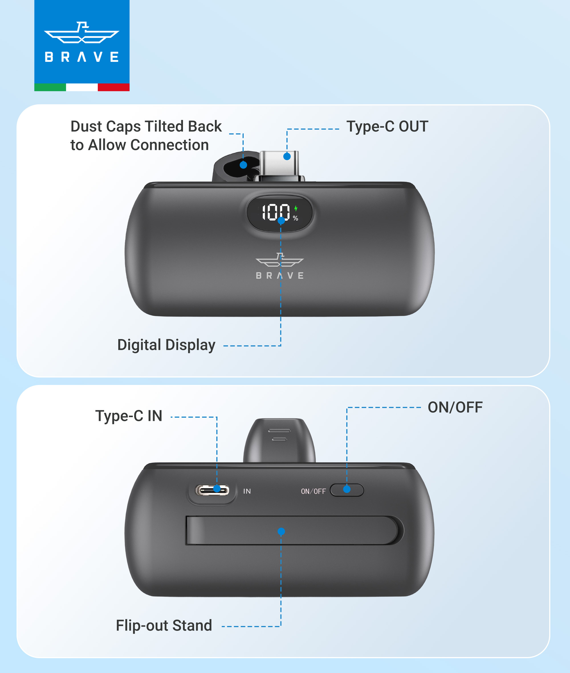 BRAVE Pocket Pro Mini Power Bank 5000mAh 20W Fast Charging with LED Display, Built-in USB-C, Foldable Stand – For iPhone, Samsung, Pixel - Black