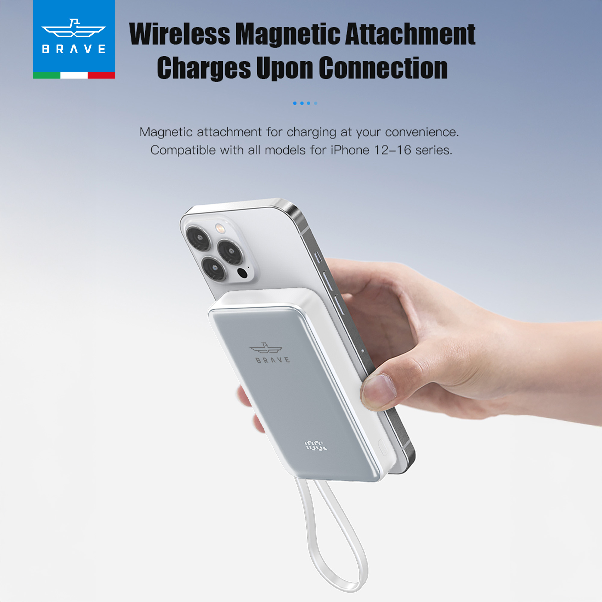 BRAVE Magpow 10000mAh Magnetic Wireless Power Bank with 15W MagSafe, 20W PD, Built-in USB-C Cable, and LED Display - White