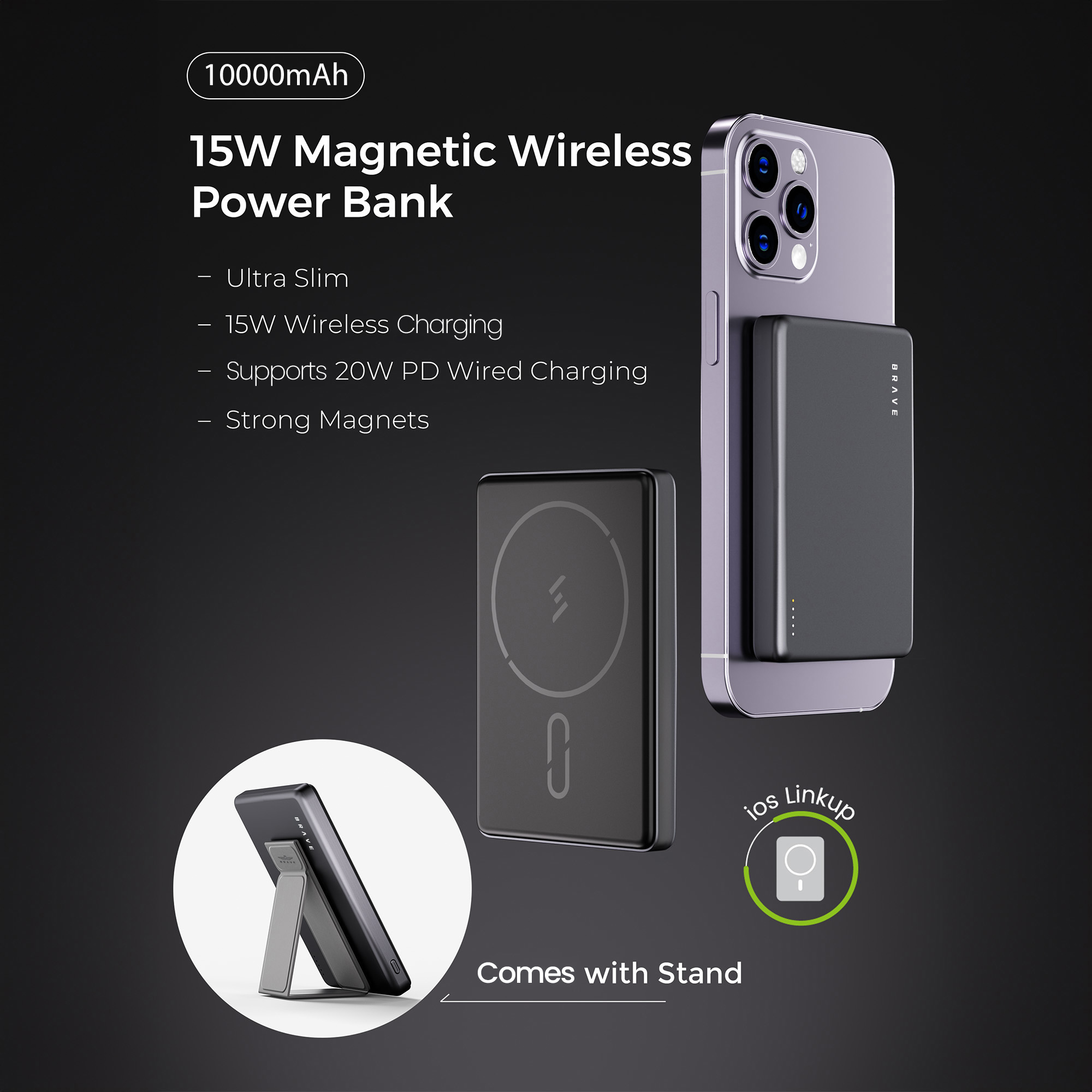 BRAVE Ultra Slim 10000mAh Magnetic Wireless Power Bank 15W With Stand, 20W Type-C Fast Charging Port, Compact MagSafe Portable Charger - Grey