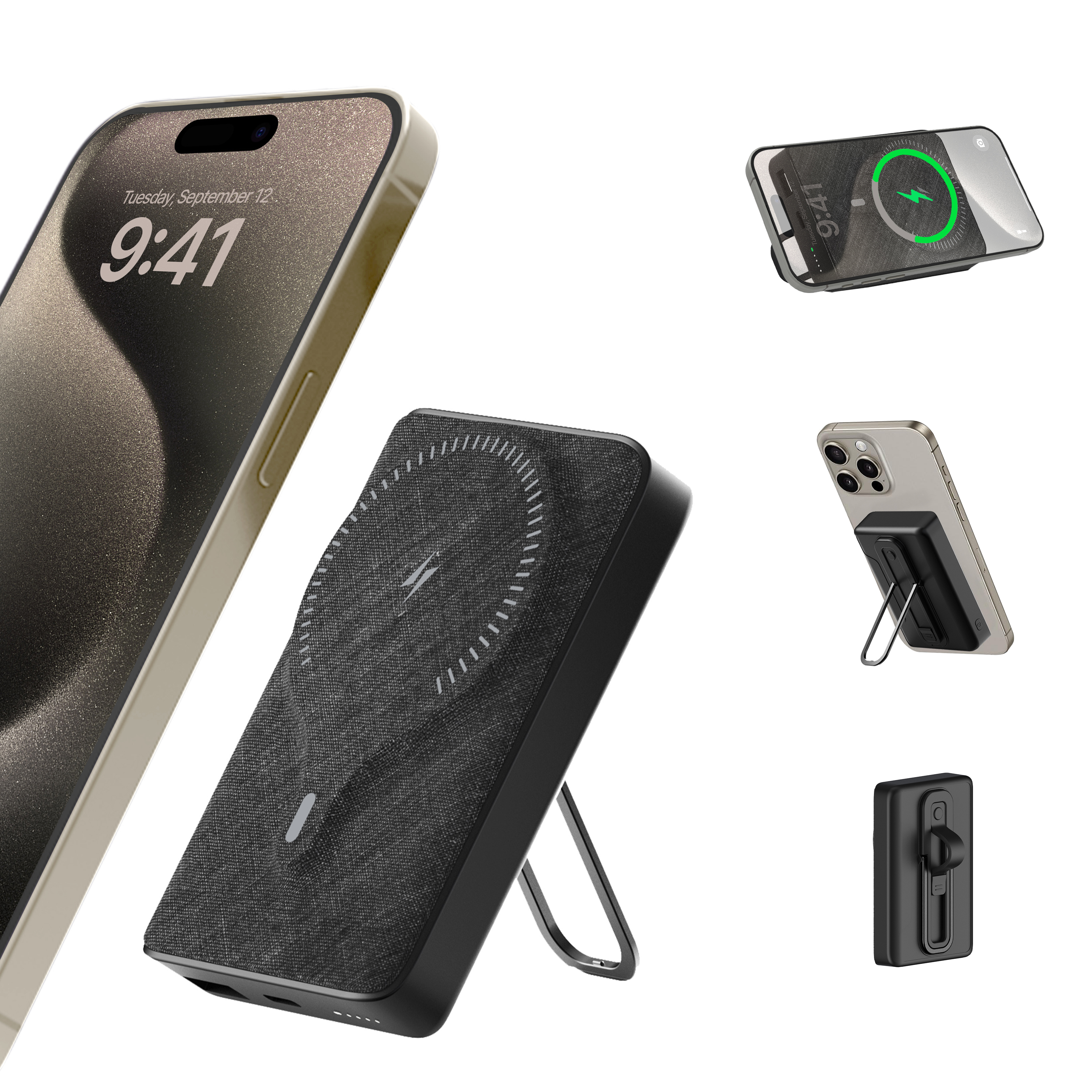 BRAVE 20W 10000mAh Magnetic Mini Pocket Portable Wireless Power Bank with Kickstand and Grip for iPhone 15 Pro Max and Other iPhones - Black