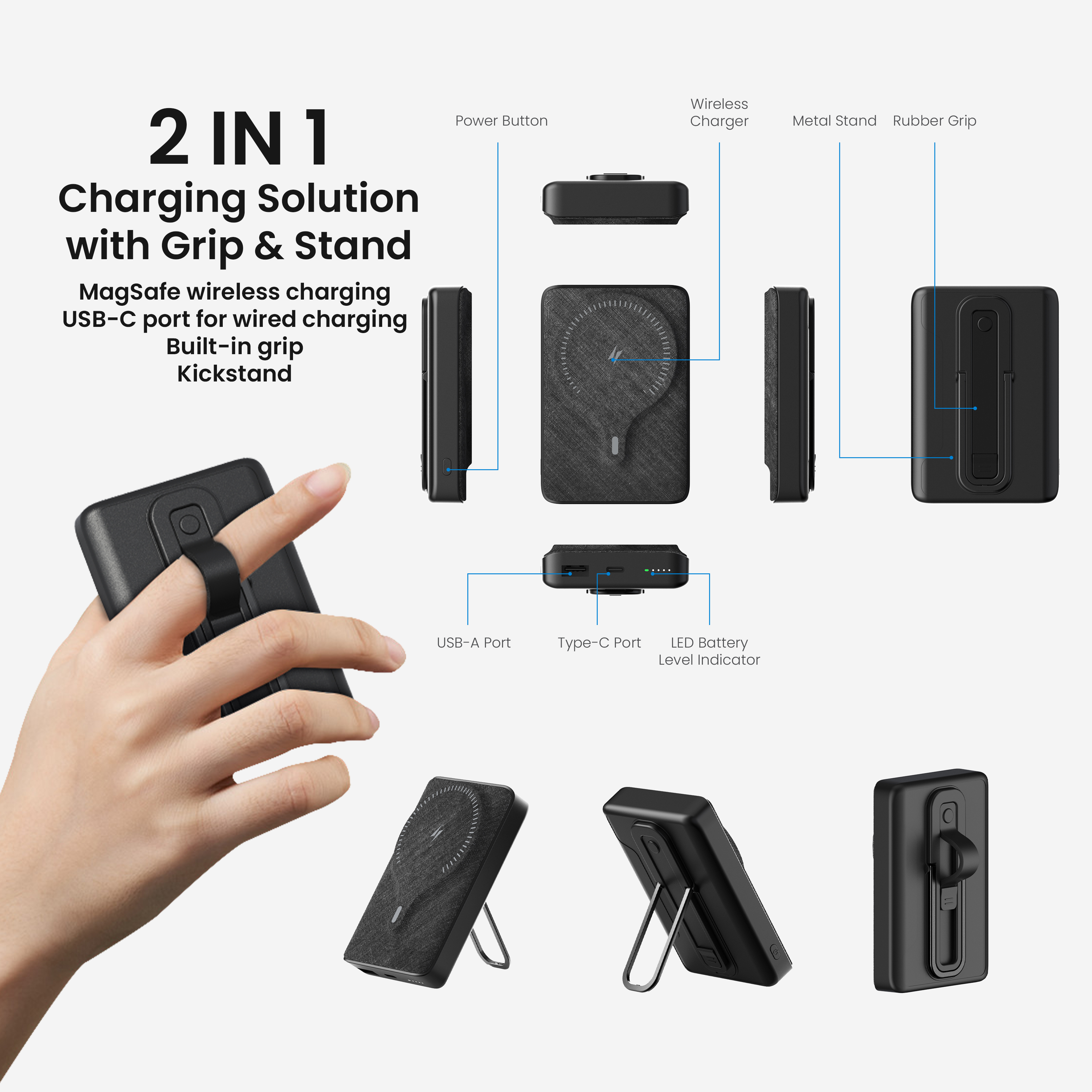 BRAVE 20W 10000mAh Magnetic Mini Pocket Portable Wireless Power Bank with Kickstand and Grip for iPhone 15 Pro Max and Other iPhones - Black