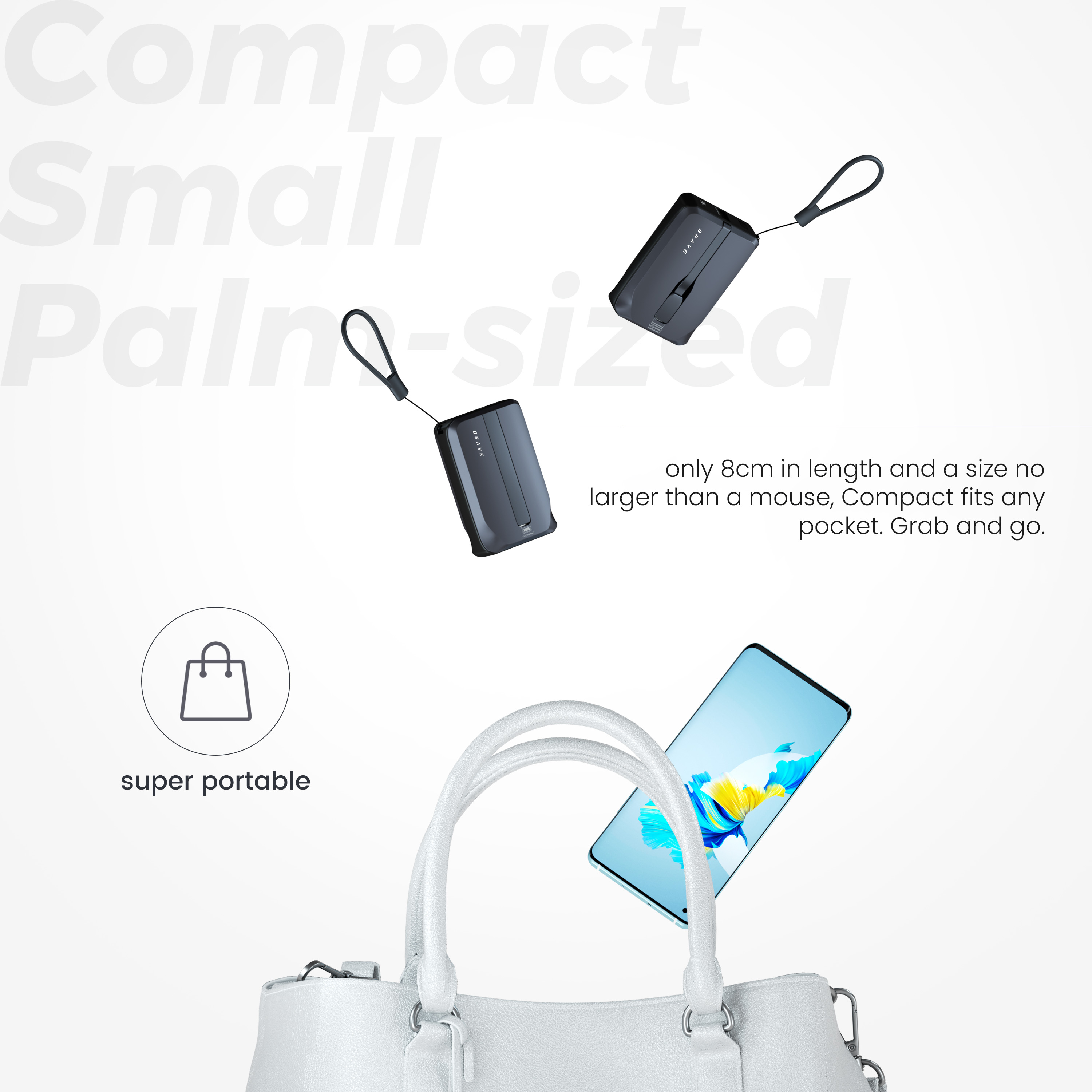 BRAVE 10000mAh Power Bank Support PD 20W and USB A 22.5W Fast Charging with Built-in 2 Output Cable and LED Display for iPhone and Android - Black