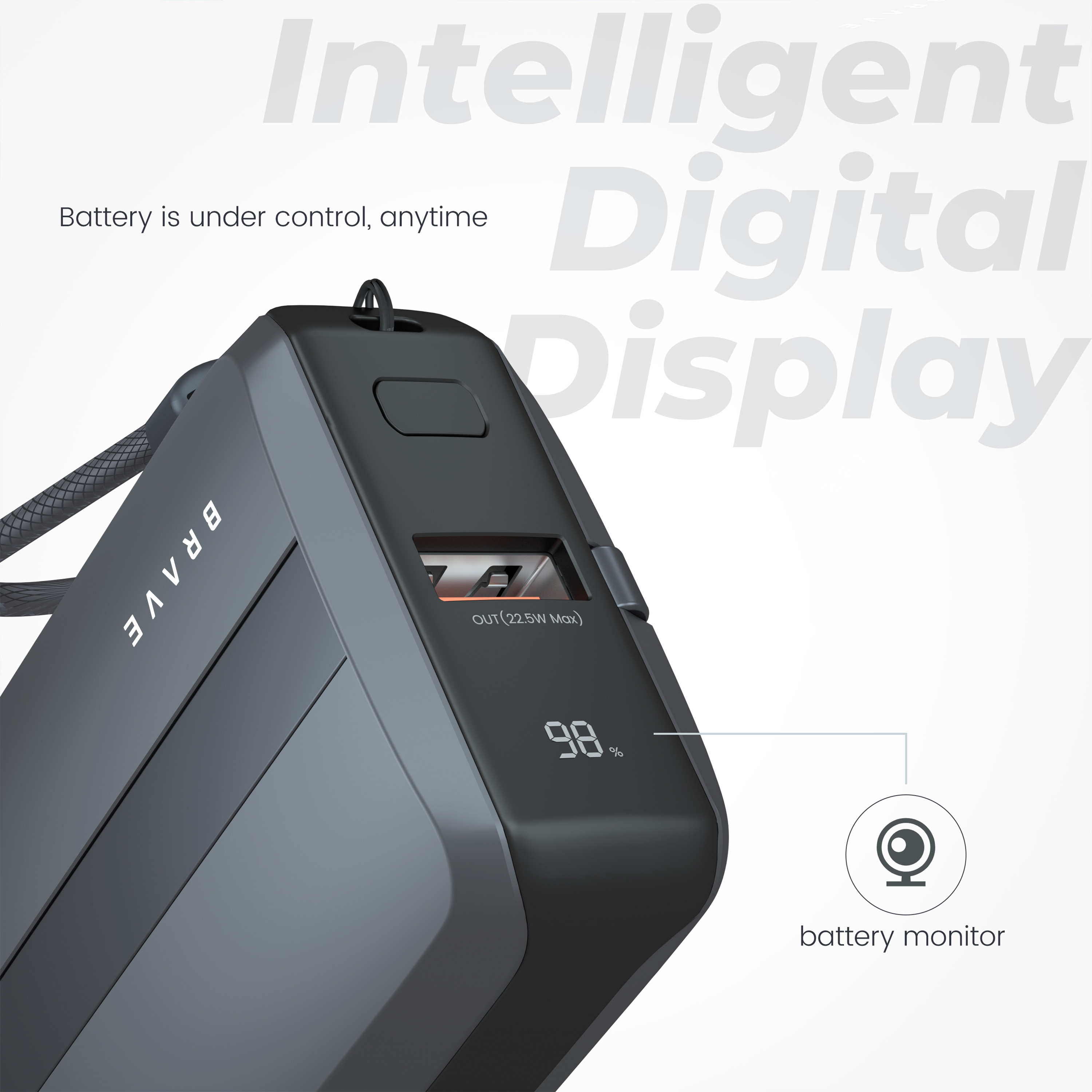 BRAVE 10000mAh Power Bank Support PD 20W and USB A 22.5W Fast Charging with Built-in 2 Output Cable and LED Display for iPhone and Android - Black