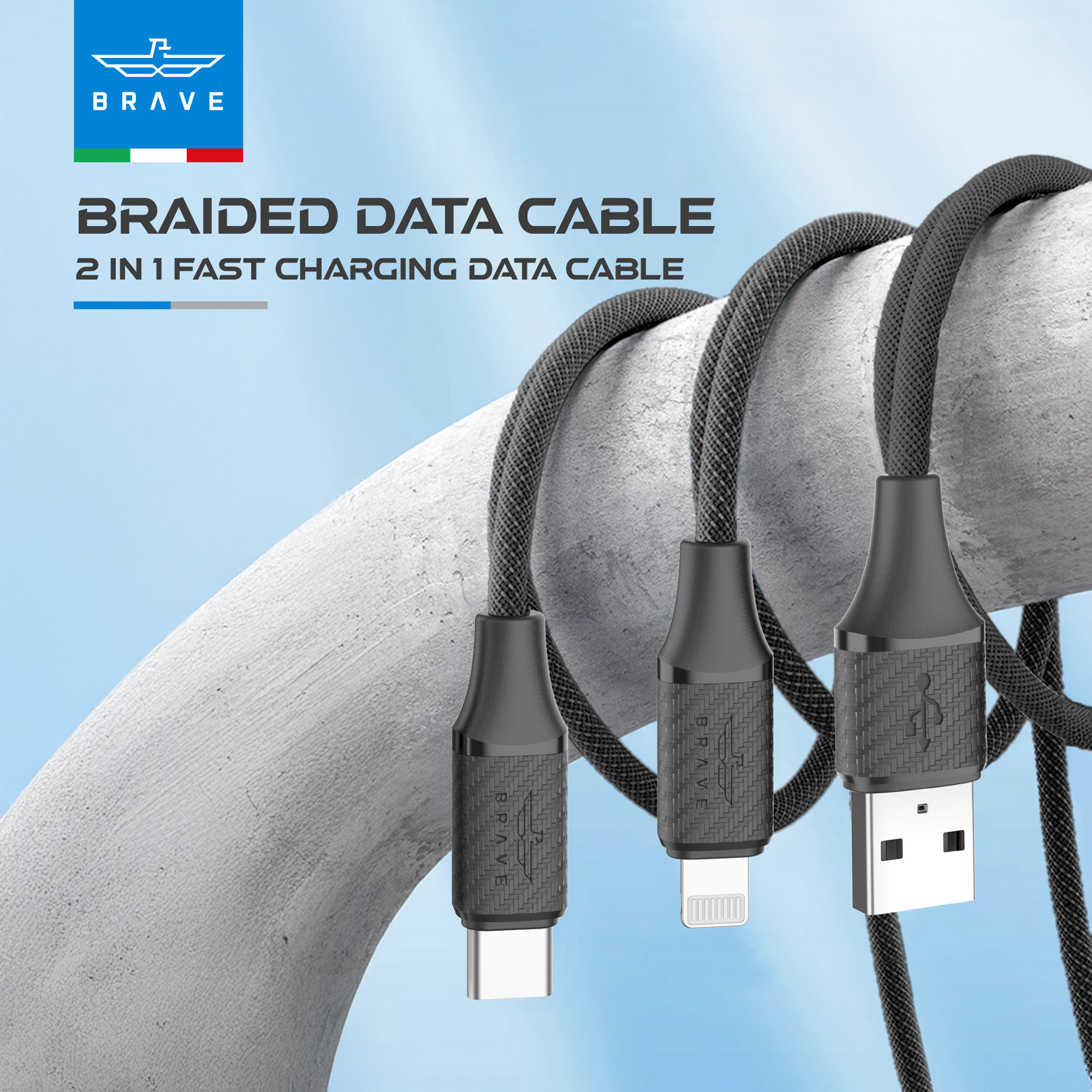 BRAVE BDC-44 2-in-1 6A Fast Charging USB-A to Type-C & Lightning Cable, 120W Nylon Braided, Universal Compatibility 1.2M - Black