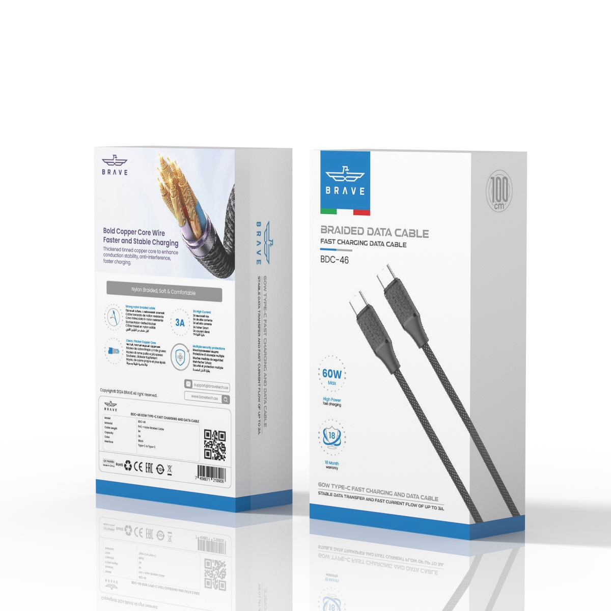 BRAVE BDC-46 Type C to Type C Braided Fast Charging Data Cable 60W 3A, for iPhone 16, 1M - Black