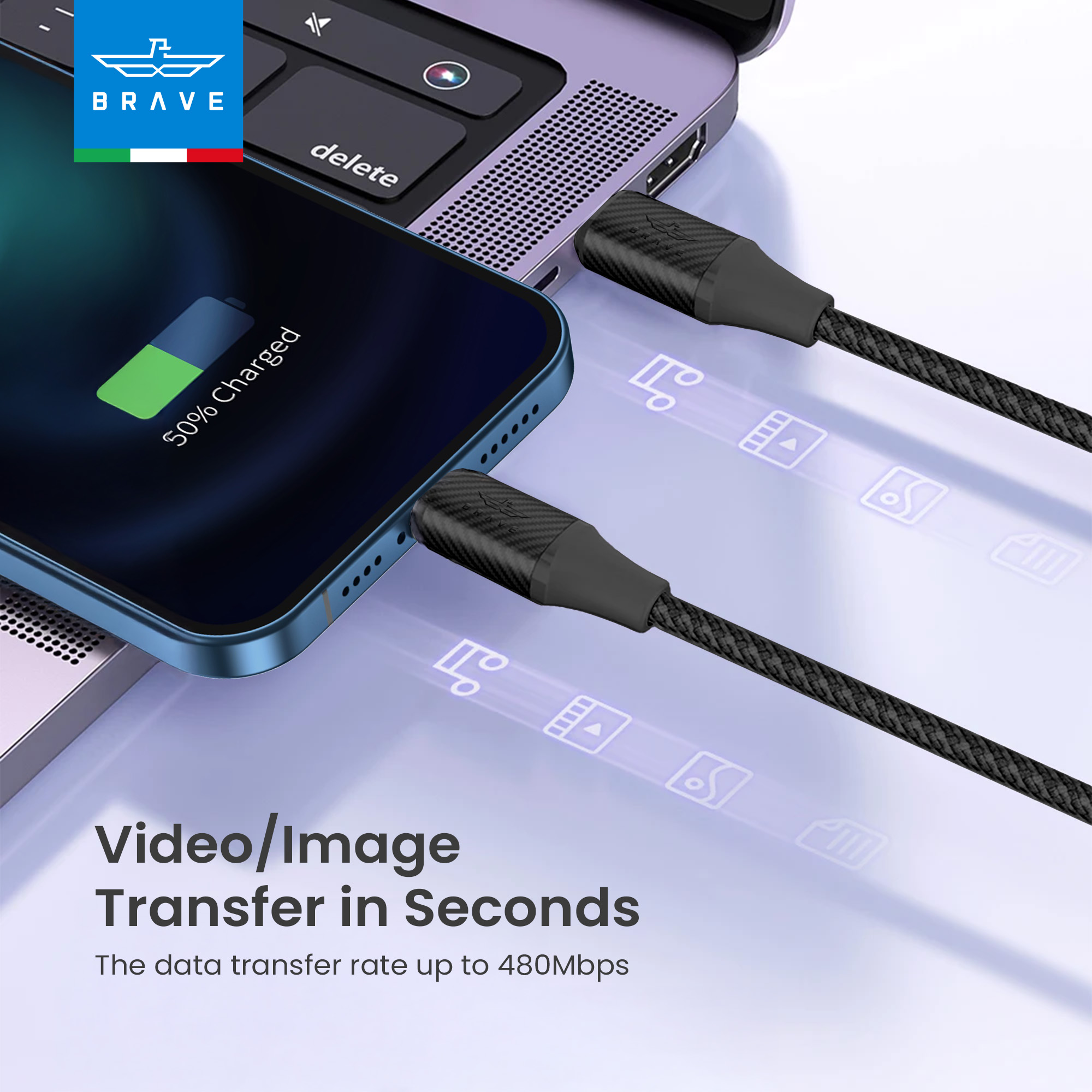 BRAVE BDC-47 Type C to Lightning 30W Fast Charging Braided Cable 1M for iPhone 14 - Black