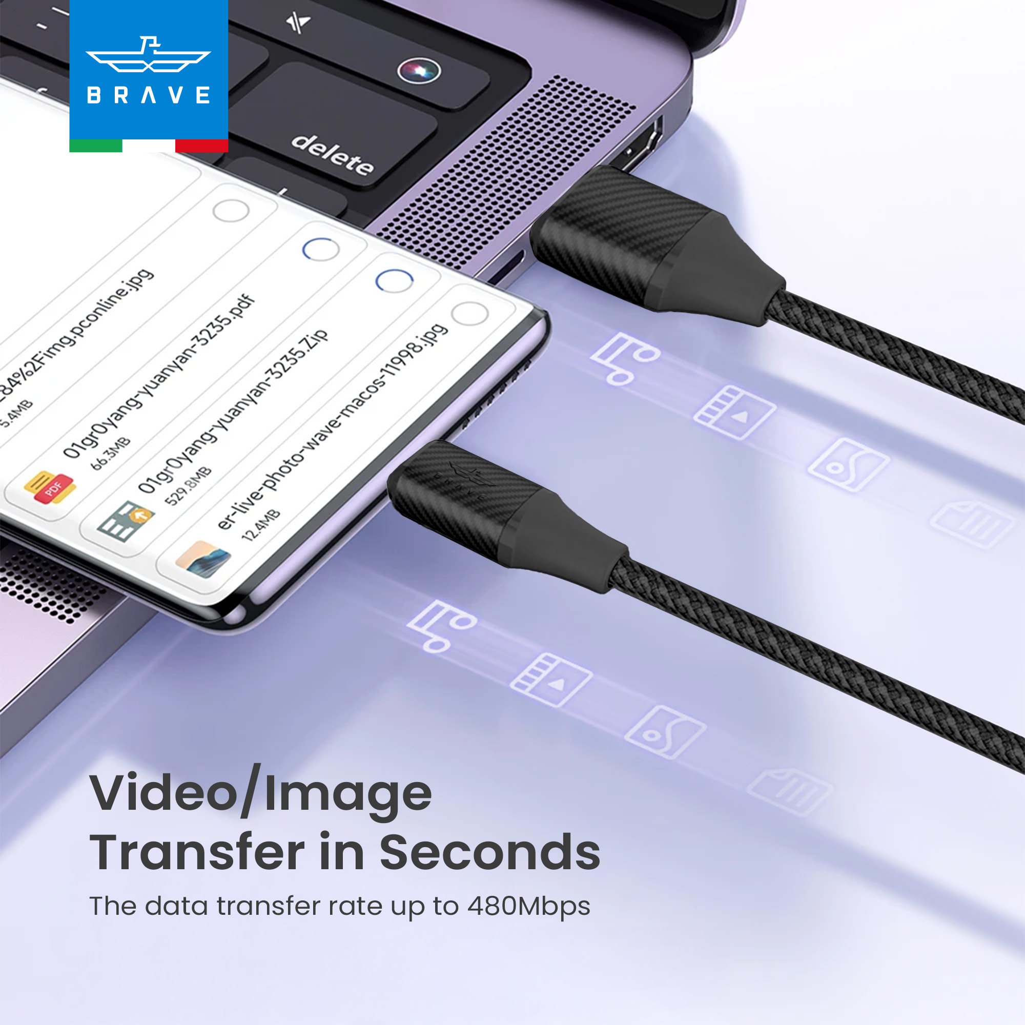 BRAVE BDC-49 USB-A to Type-C Cable 2.4A Braided Fast Charging Cable 1M - Black