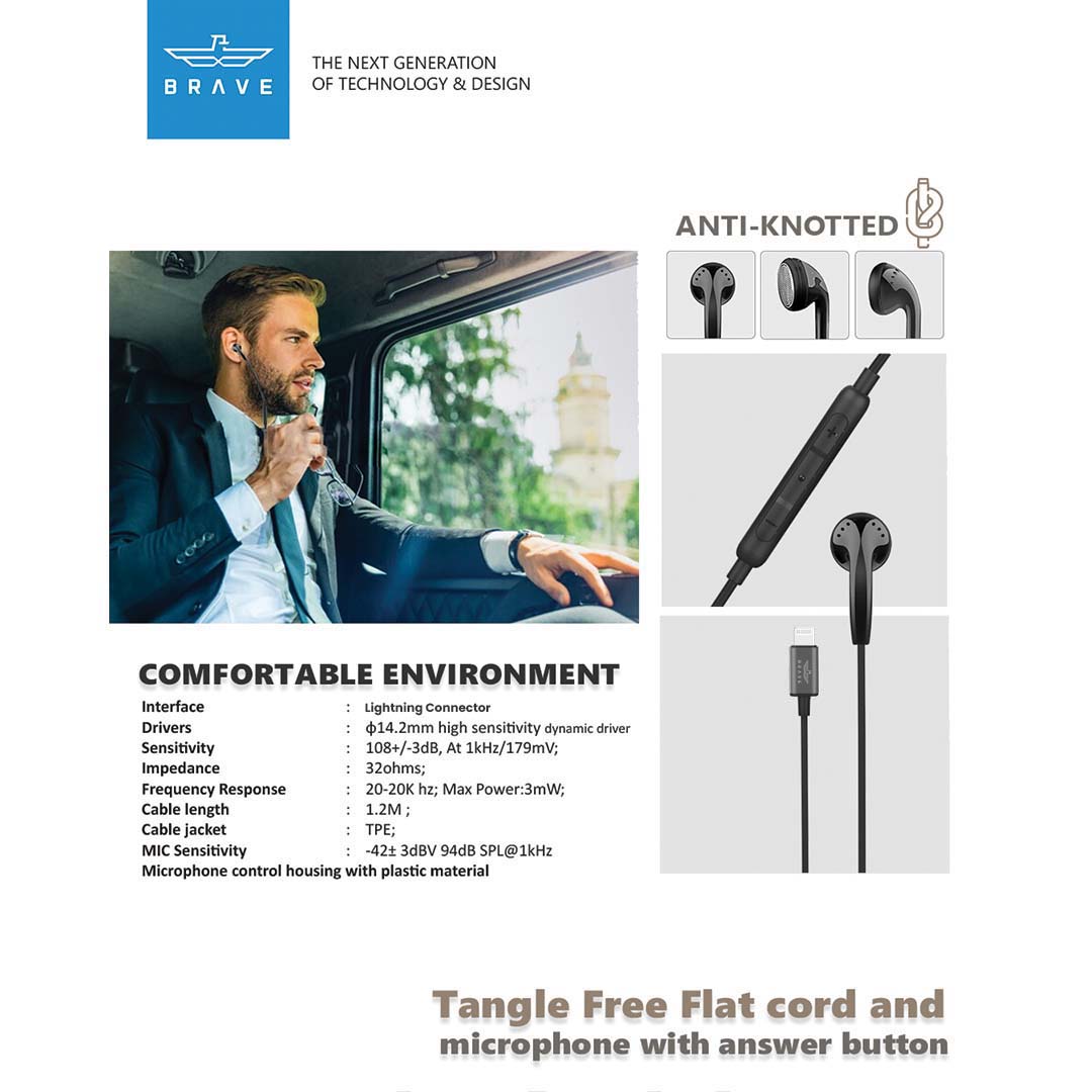 BRAVE Mono Earphone Lightning – MFi Certified, In-Ear Headset with Microphone & Remote for iPhone - Black