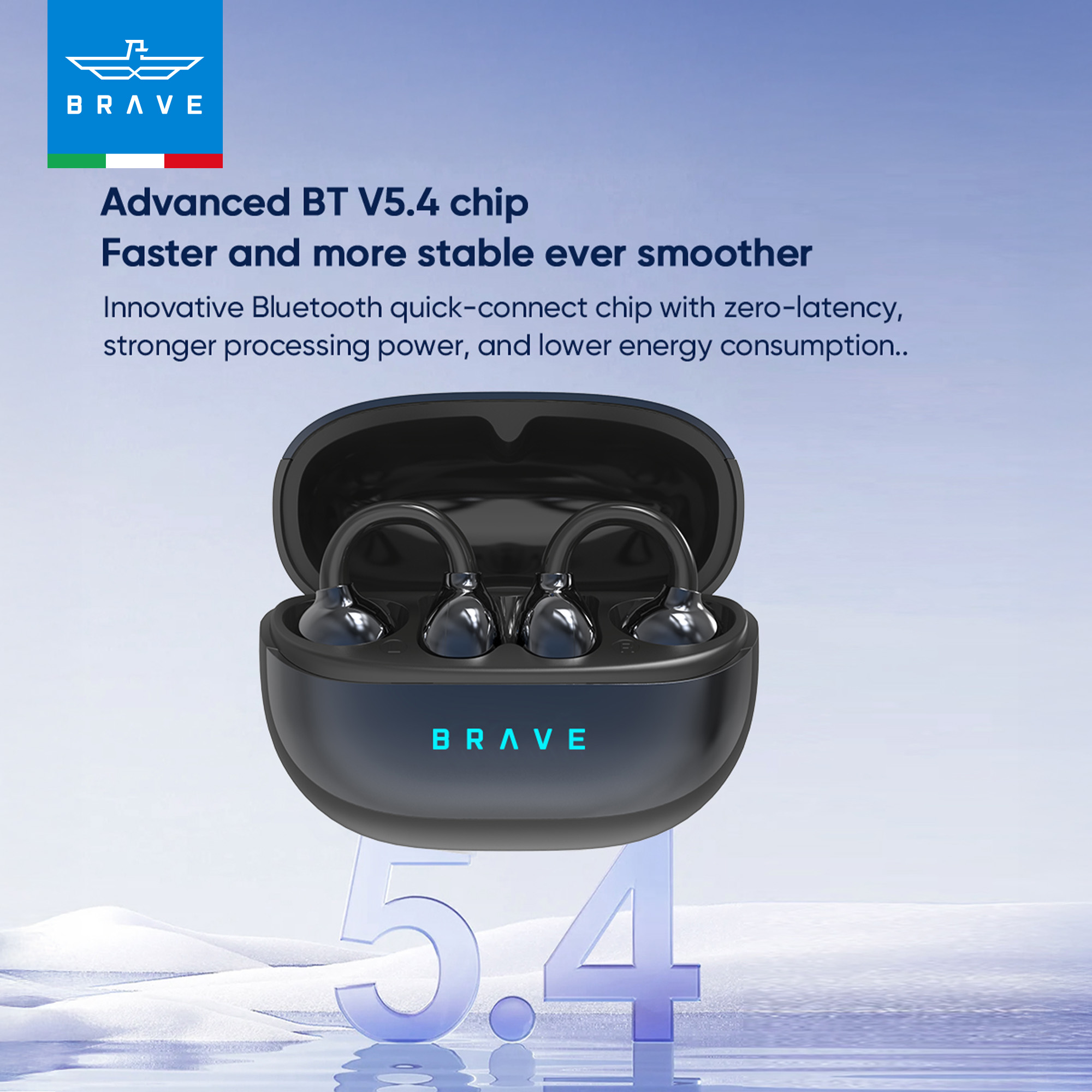 BRAVE E-31 ClipFit Open Ear Earbuds | Wireless Bluetooth | 23H Playtime | Secure Fit | Touch Control - Black