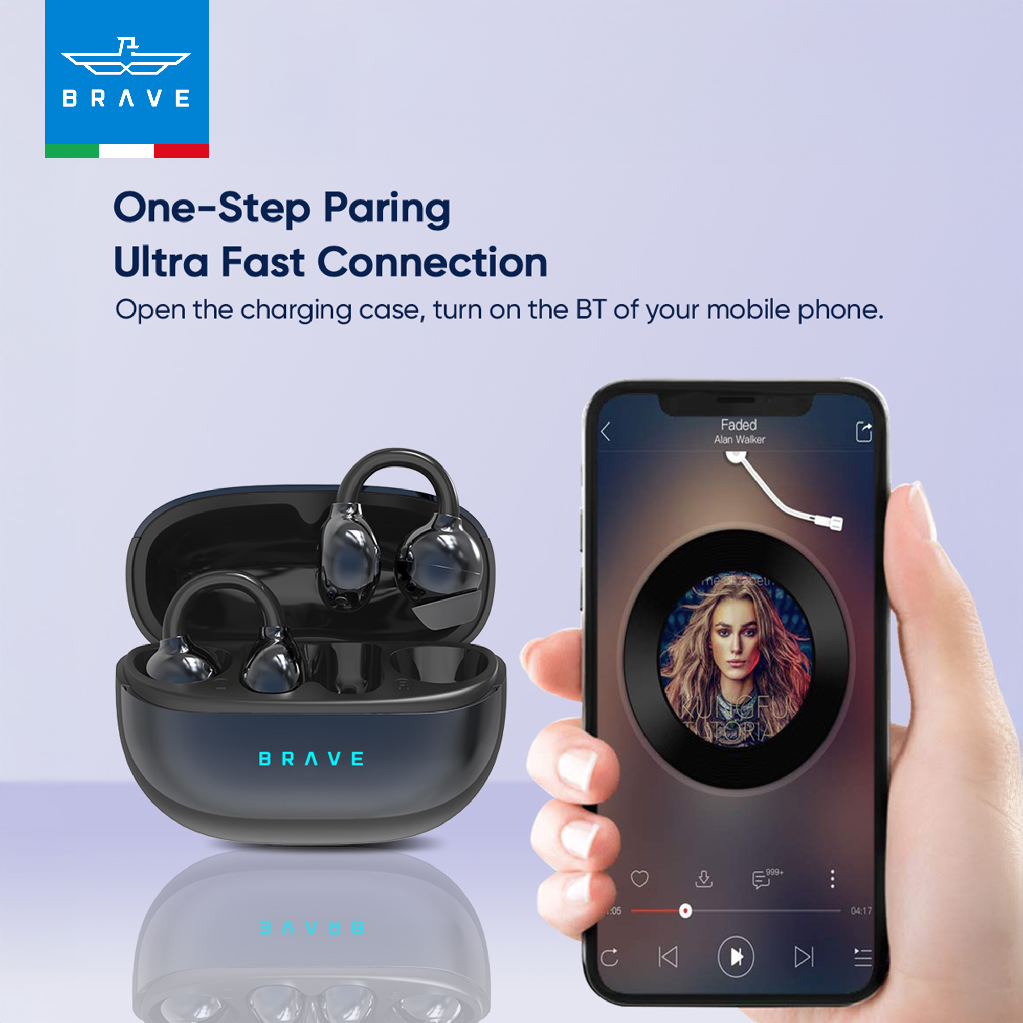 BRAVE E-31 ClipFit Open Ear Earbuds | Wireless Bluetooth | 23H Playtime | Secure Fit | Touch Control - Black