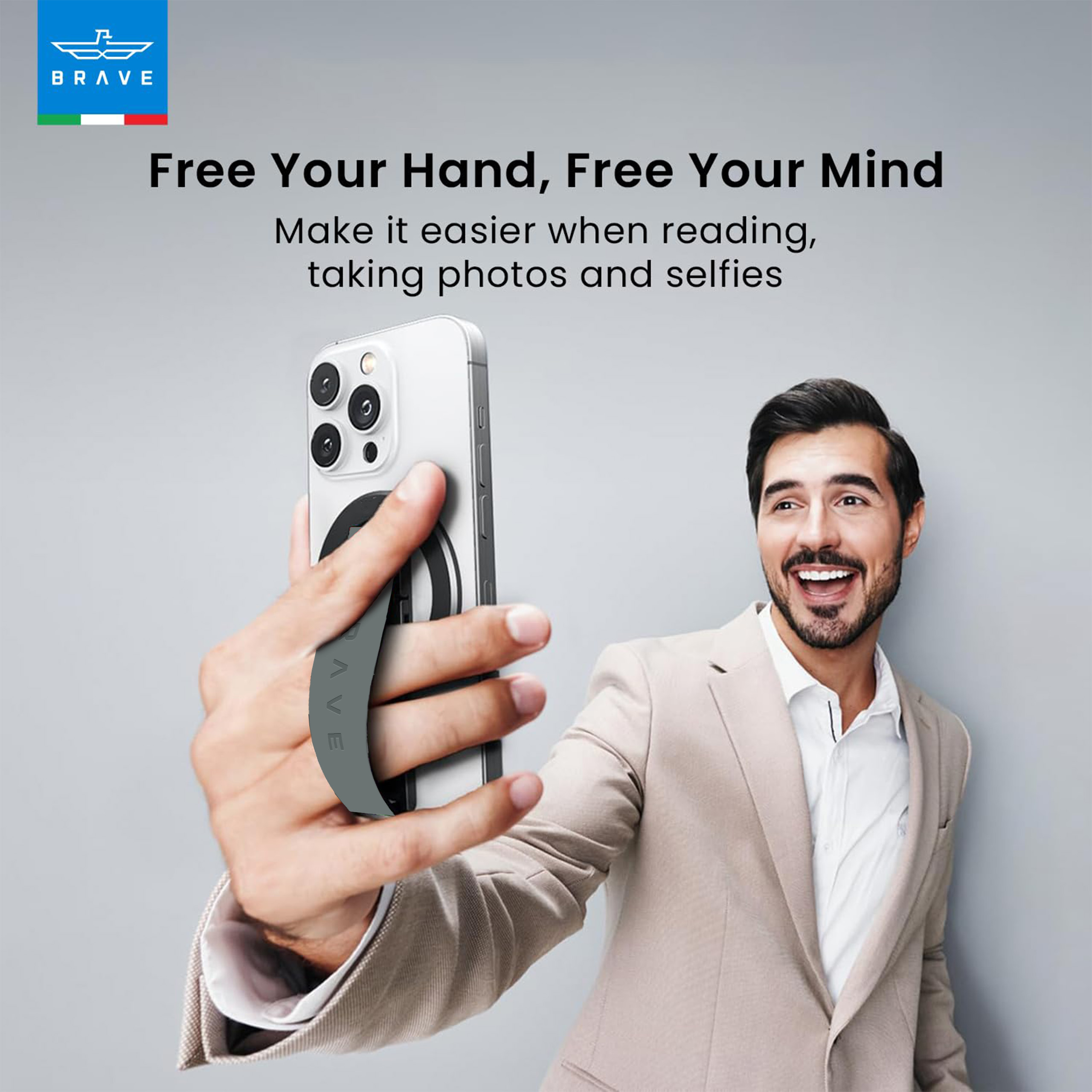 BRAVE MagGrip 3-in-1 Magnetic Phone Grip & Kickstand – 360° Rotatable, MagSafe Compatible, Universal Stand for iPhone & Android - Grey