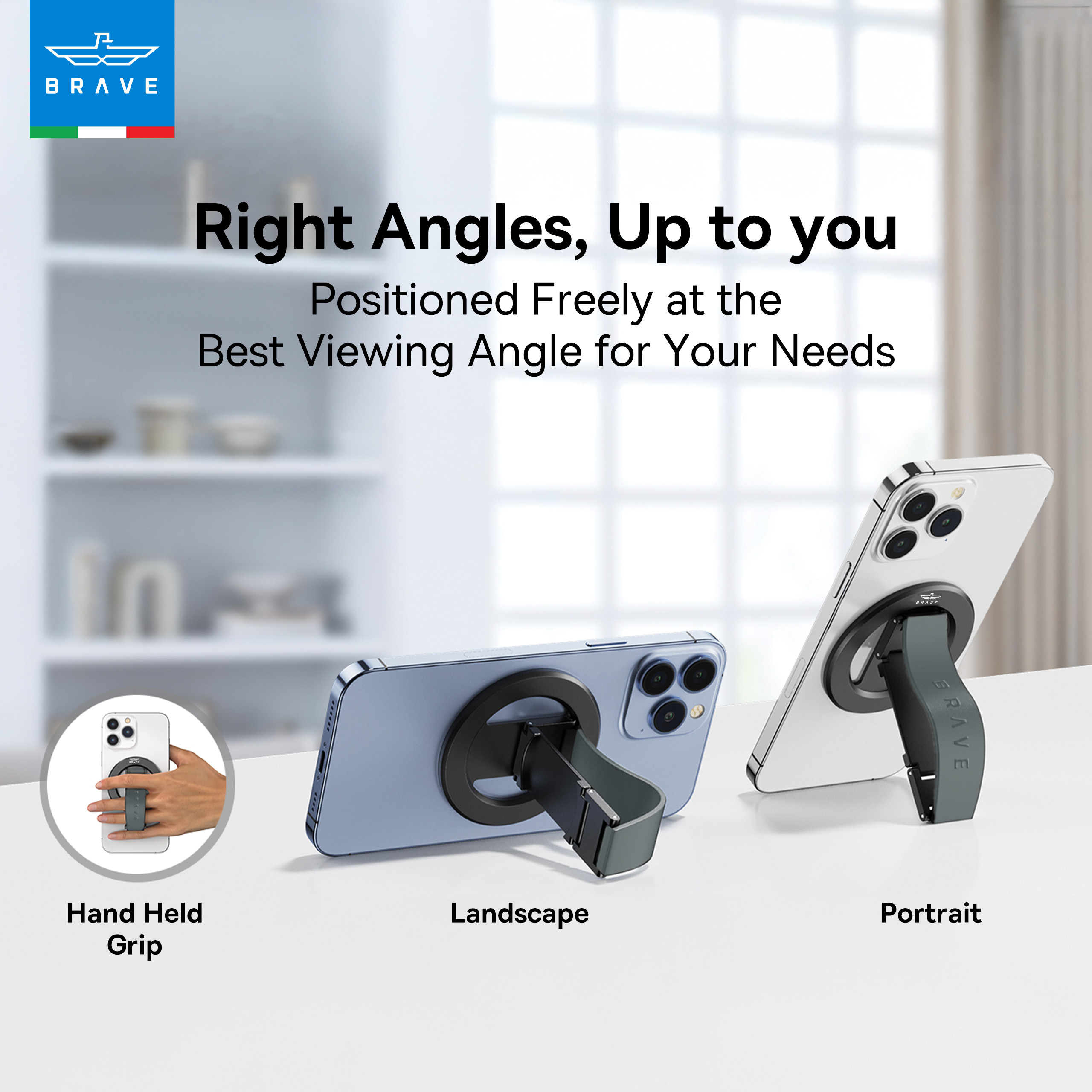 BRAVE MagGrip 3-in-1 Magnetic Phone Grip & Kickstand – 360° Rotatable, MagSafe Compatible, Universal Stand for iPhone & Android - Grey