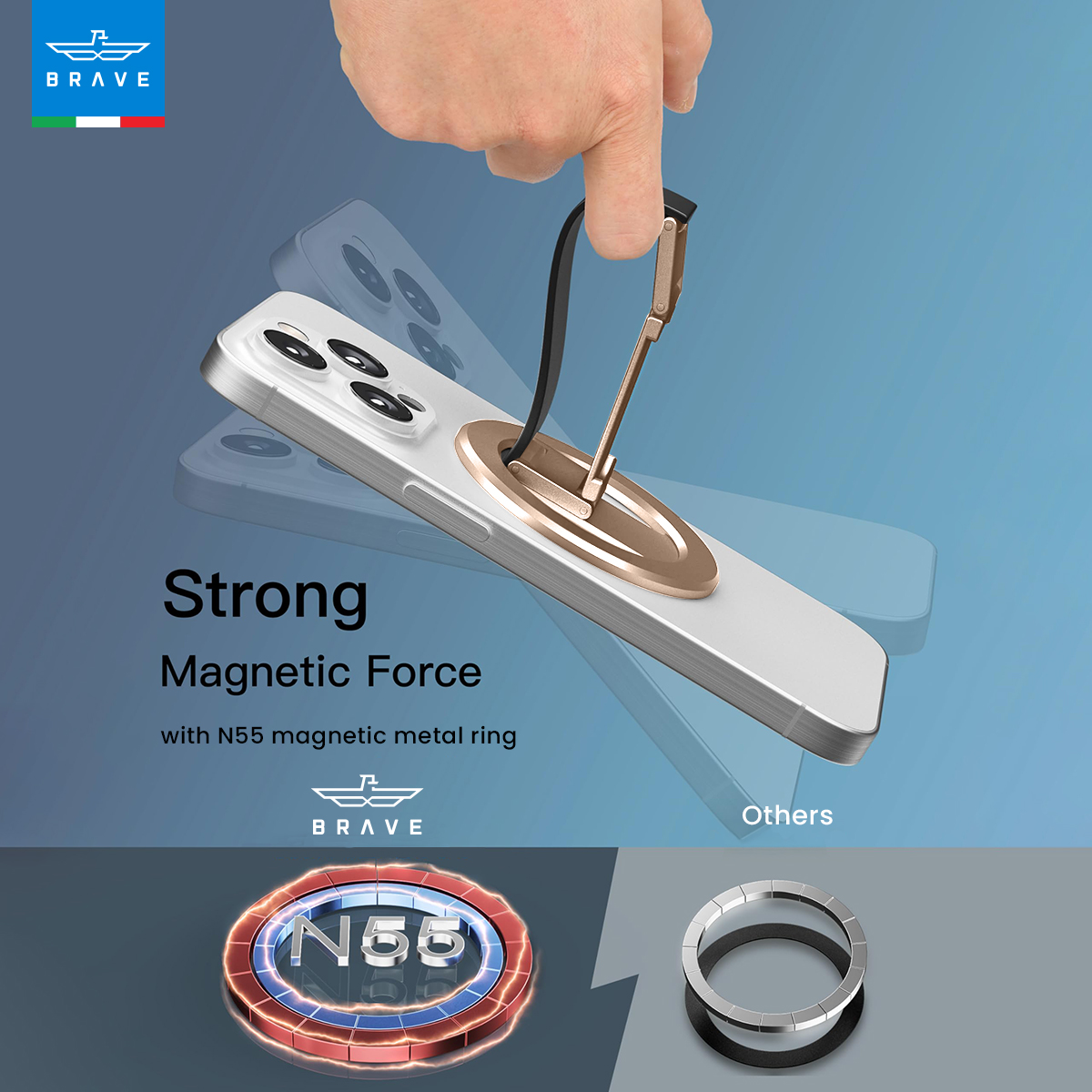 BRAVE MagGrip 3-in-1 Magnetic Phone Grip & Kickstand – 360° Rotatable, MagSafe Compatible, Universal Stand for iPhone & Android