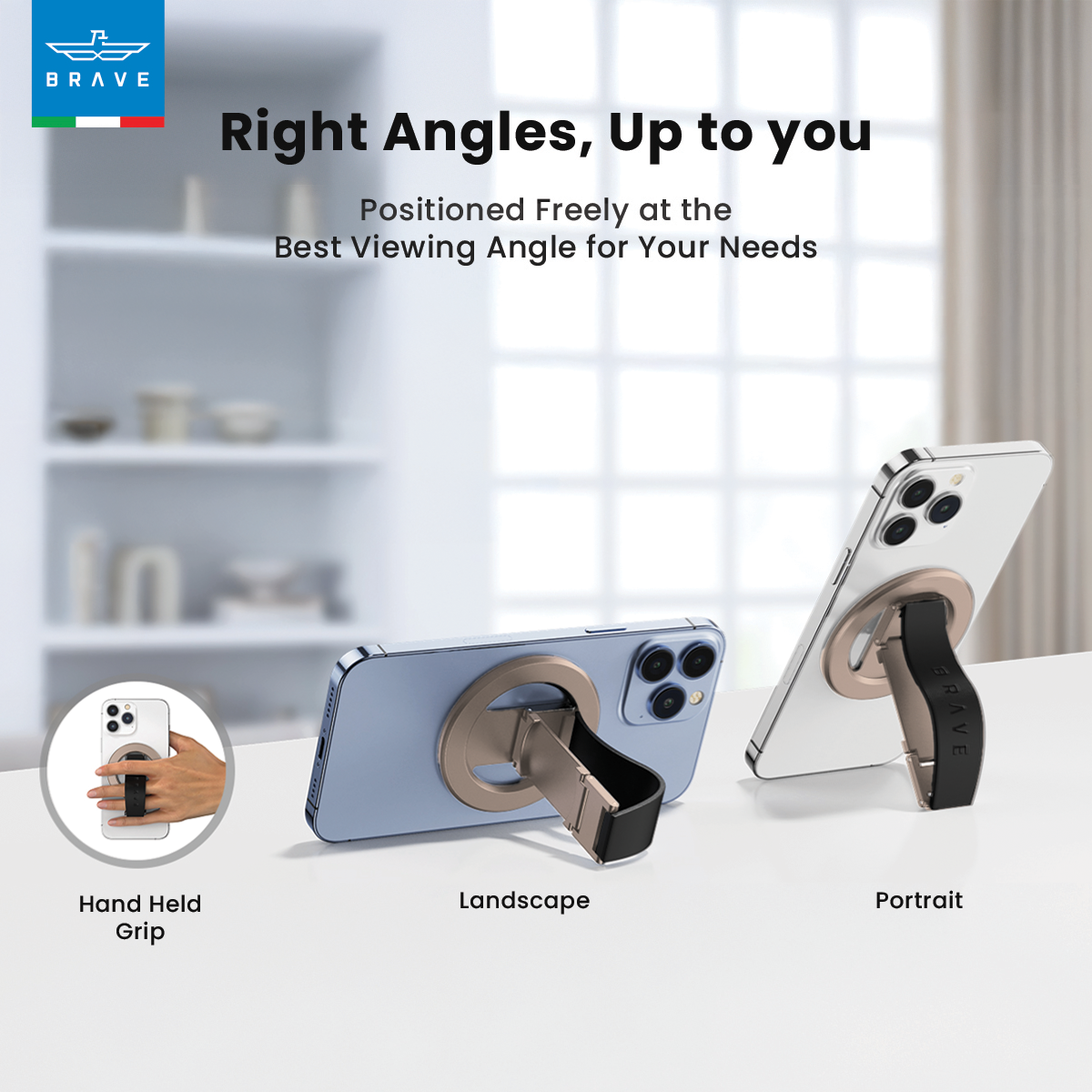 BRAVE MagGrip 3-in-1 Magnetic Phone Grip & Kickstand – 360° Rotatable, MagSafe Compatible, Universal Stand for iPhone & Android