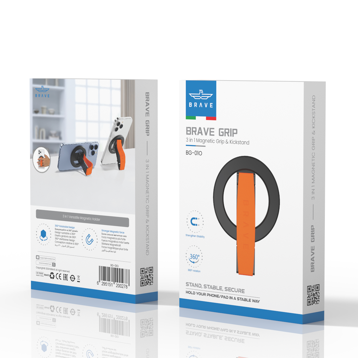 BRAVE MagLoop 360° Rotatable Magnetic Phone Grip & Kickstand, MagSafe Compatible, Adjustable Stand for iPhone & Android - Orange