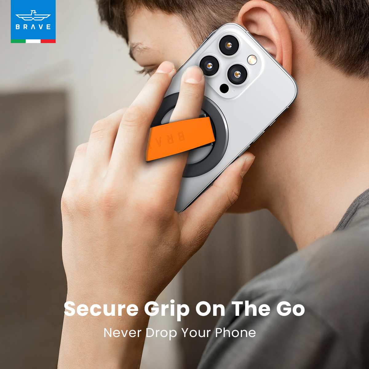 BRAVE MagLoop 360° Rotatable Magnetic Phone Grip & Kickstand, MagSafe Compatible, Adjustable Stand for iPhone & Android - Orange