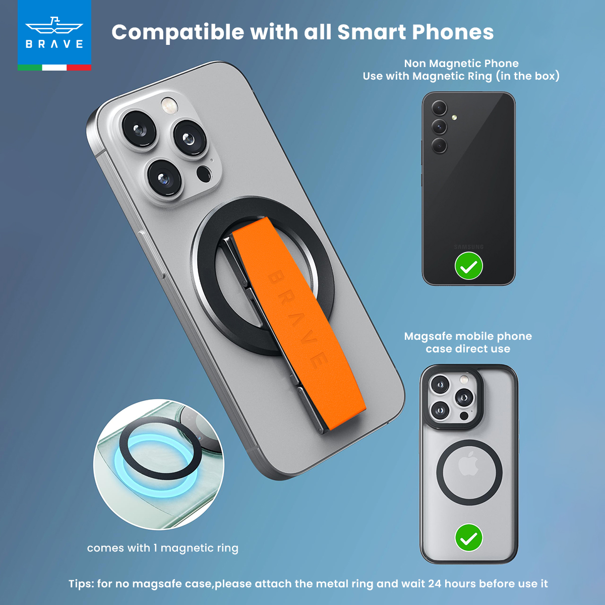 BRAVE MagLoop 360° Rotatable Magnetic Phone Grip & Kickstand, MagSafe Compatible, Adjustable Stand for iPhone & Android - Orange