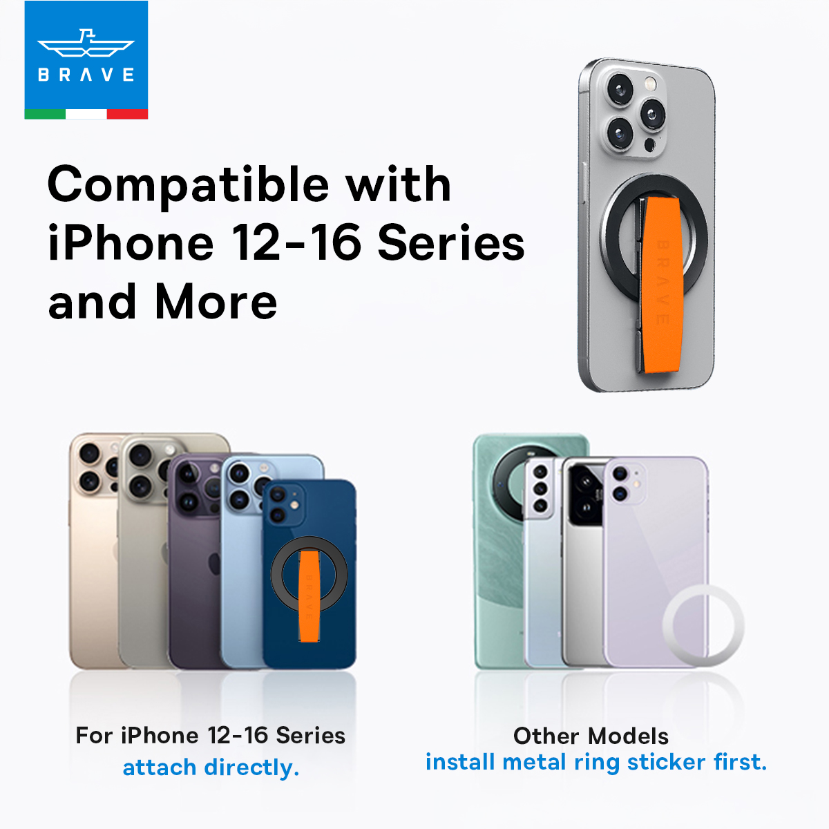 BRAVE MagLoop 360° Rotatable Magnetic Phone Grip & Kickstand, MagSafe Compatible, Adjustable Stand for iPhone & Android - Orange