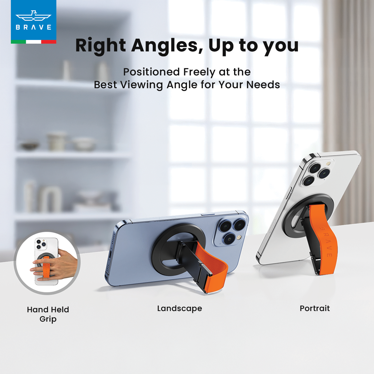 BRAVE MagLoop 360° Rotatable Magnetic Phone Grip & Kickstand, MagSafe Compatible, Adjustable Stand for iPhone & Android - Orange