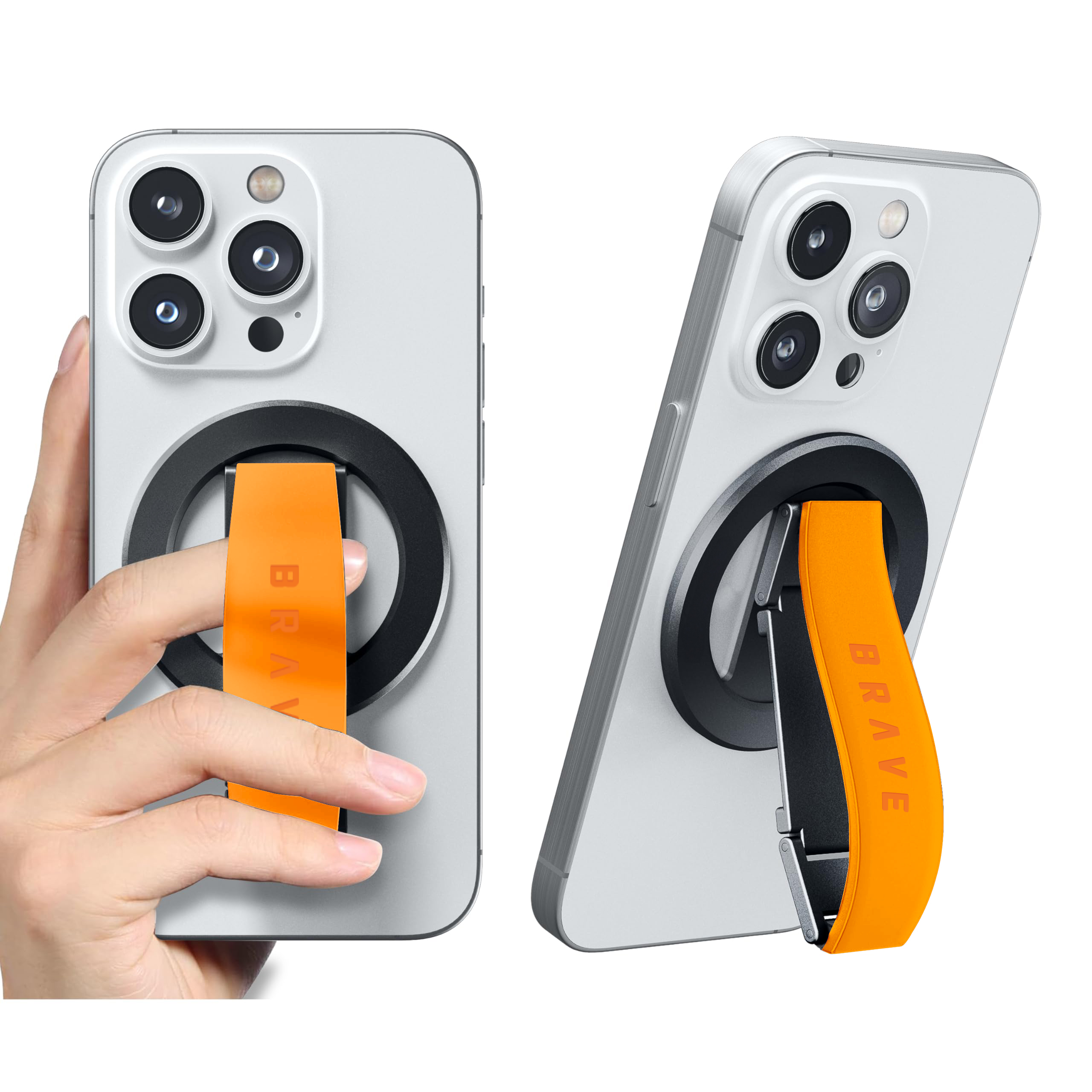 BRAVE MagLoop 360° Rotatable Magnetic Phone Grip & Kickstand, MagSafe Compatible, Adjustable Stand for iPhone & Android - Orange