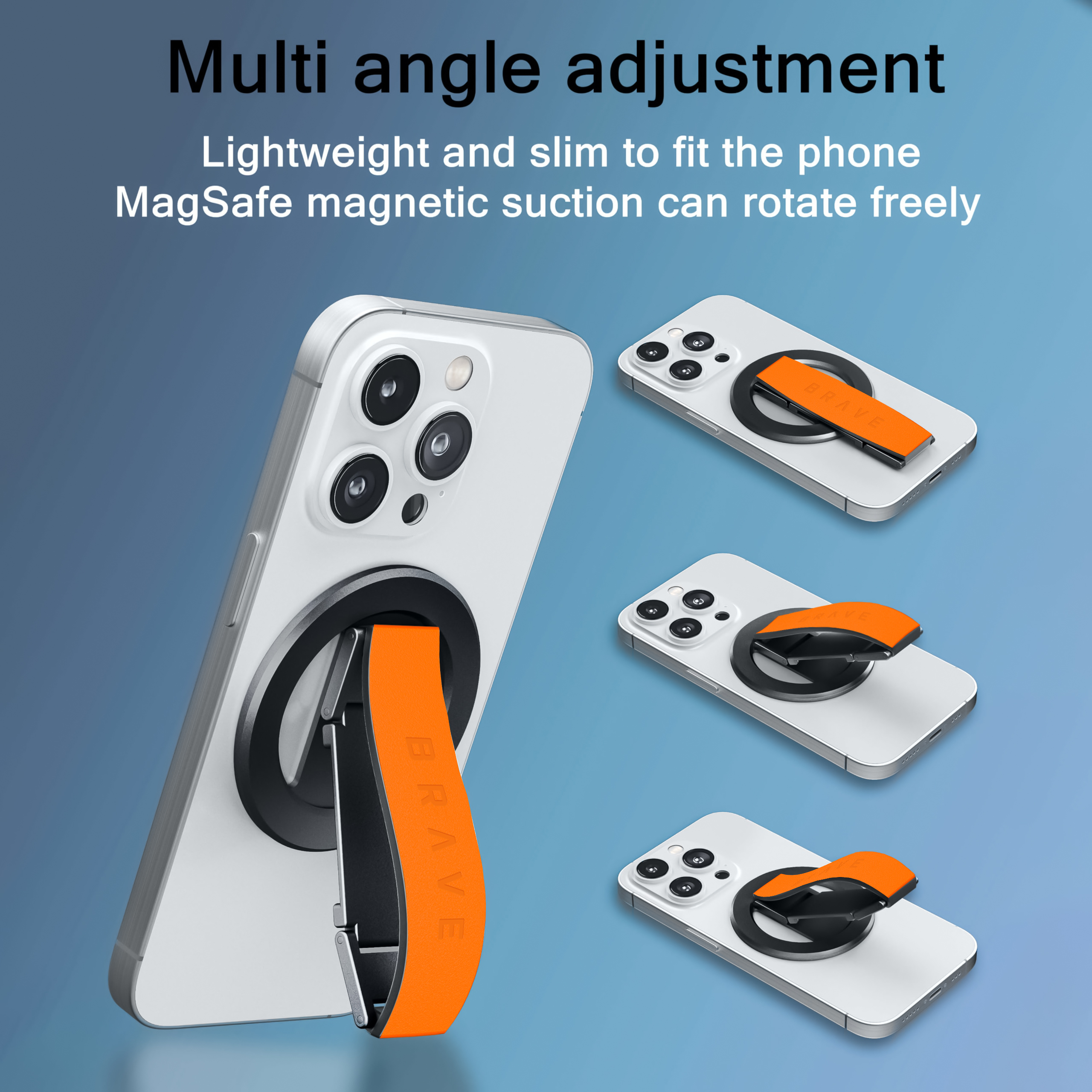 BRAVE MagLoop 360° Rotatable Magnetic Phone Grip & Kickstand, MagSafe Compatible, Adjustable Stand for iPhone & Android - Orange