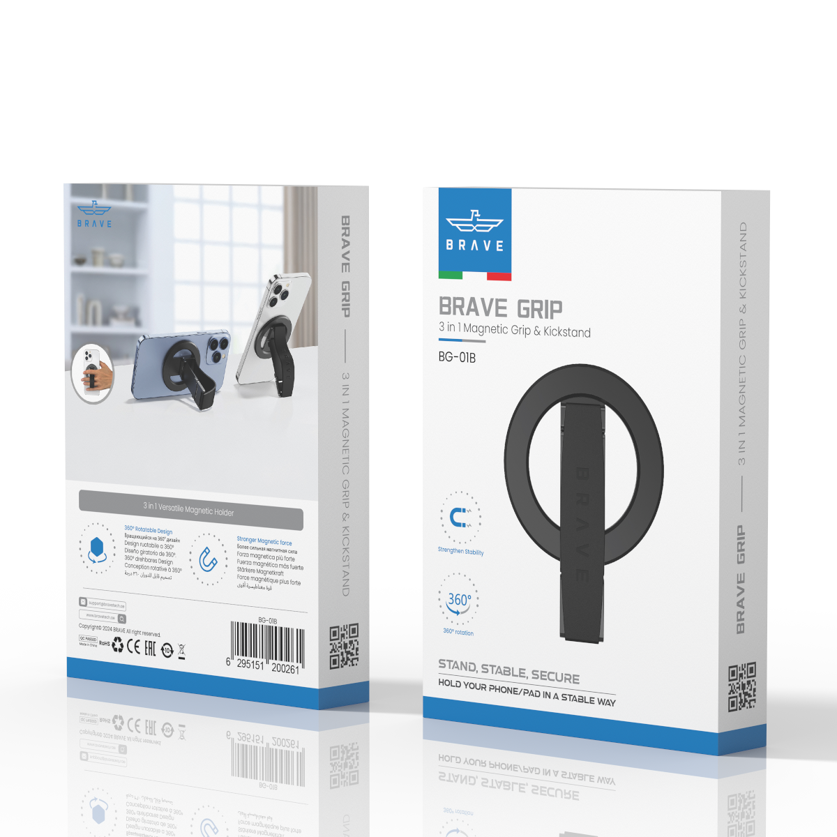 BRAVE MagLoop  360° Rotatable Magnetic Phone Grip & Kickstand, MagSafe Compatible, Adjustable Stand for iPhone & Android - Black
