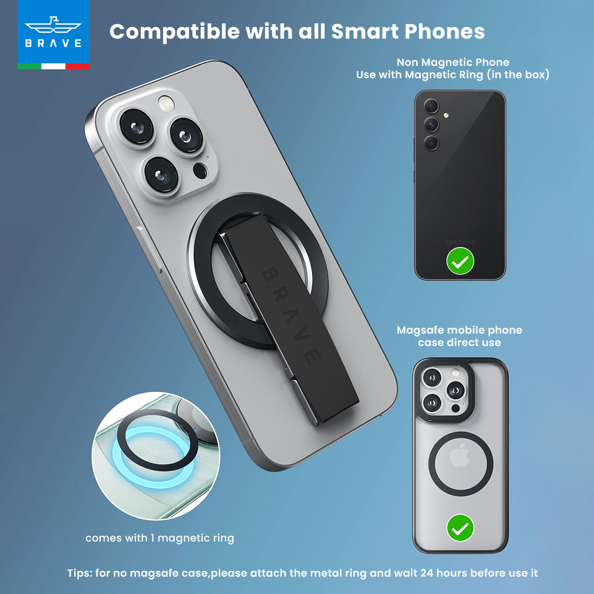 BRAVE MagLoop  360° Rotatable Magnetic Phone Grip & Kickstand, MagSafe Compatible, Adjustable Stand for iPhone & Android - Black