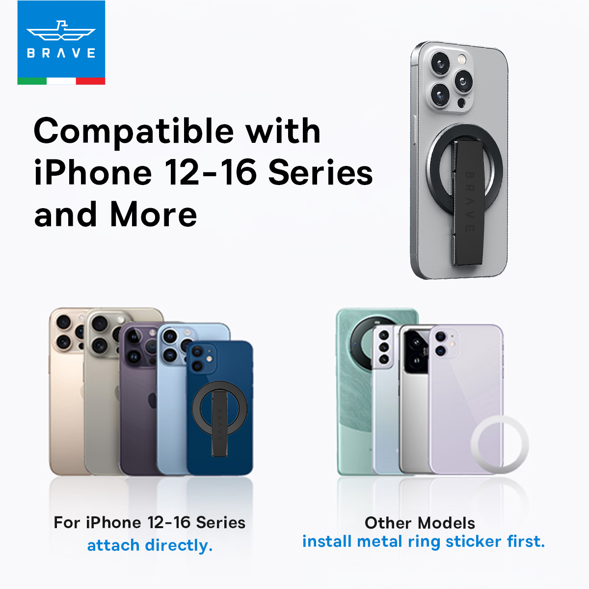 BRAVE MagLoop  360° Rotatable Magnetic Phone Grip & Kickstand, MagSafe Compatible, Adjustable Stand for iPhone & Android - Black