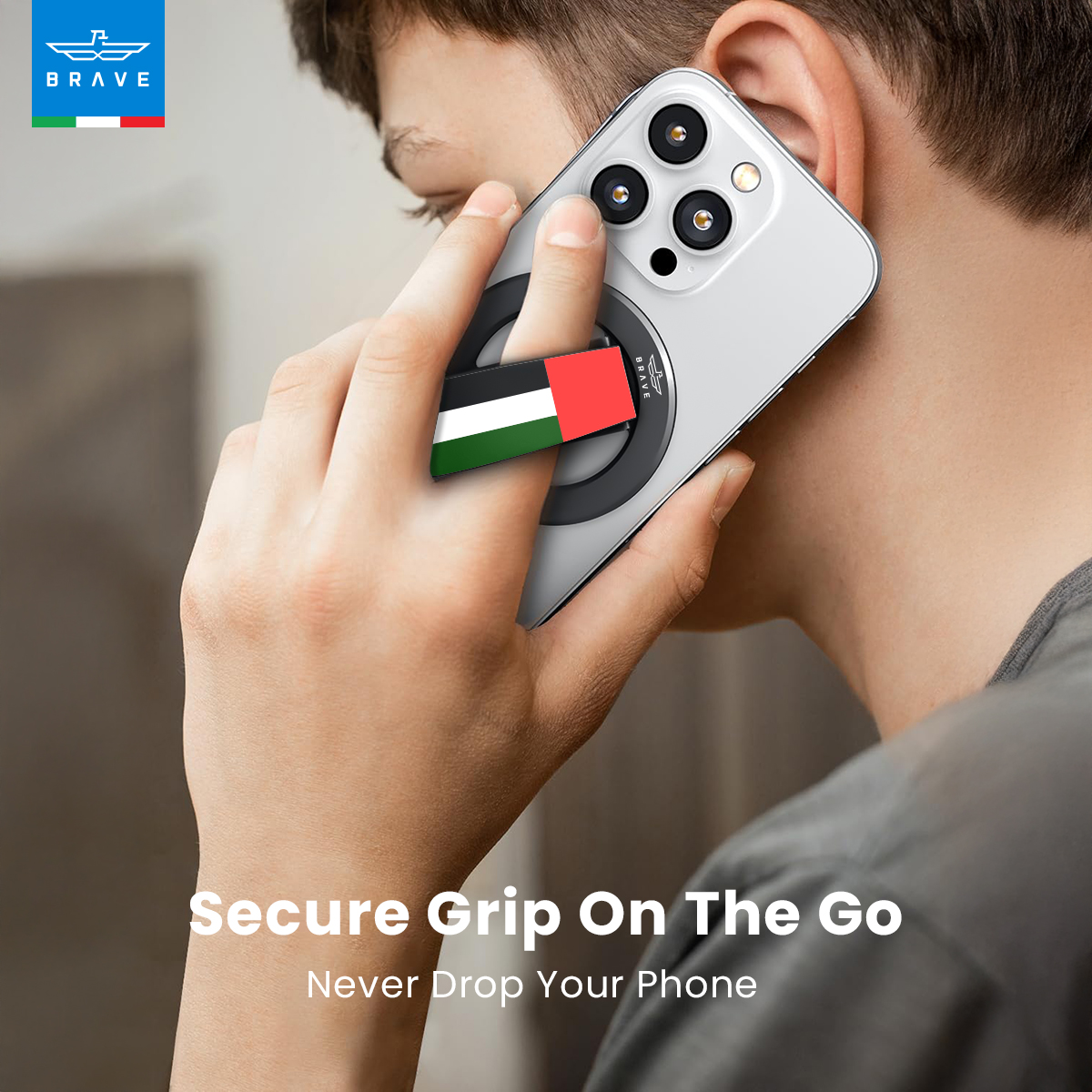 BRAVE UAE Flag MagSafe Phone Grip – 360° Rotatable Kickstand, Magnetic Ring Holder, Compatible with iPhone 12–15 Series