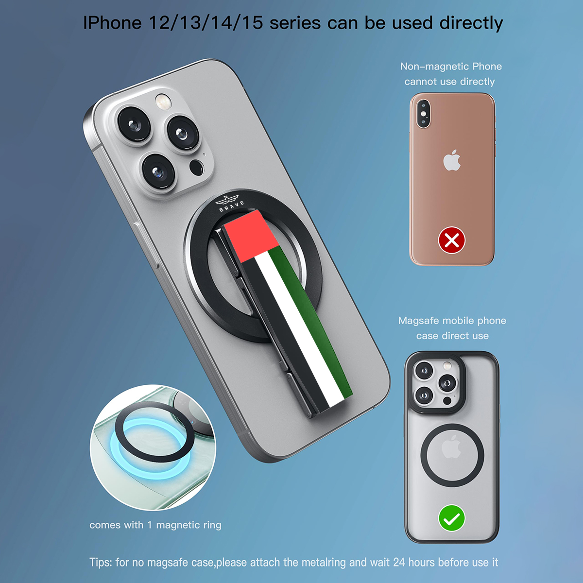 BRAVE UAE Flag MagSafe Phone Grip – 360° Rotatable Kickstand, Magnetic Ring Holder, Compatible with iPhone 12–15 Series