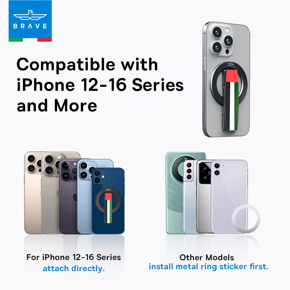 BRAVE UAE Flag MagSafe Phone Grip – 360° Rotatable Kickstand, Magnetic Ring Holder, Compatible with iPhone 12–15 Series