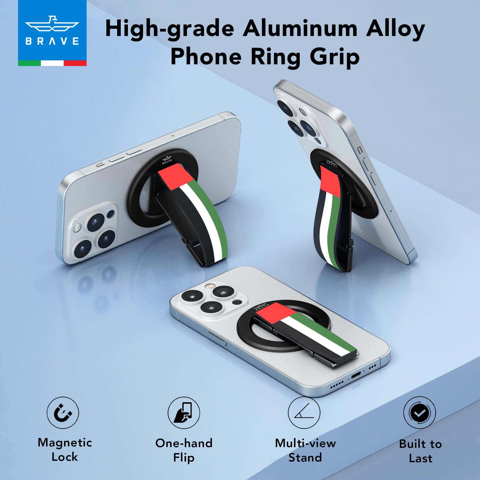BRAVE UAE Flag MagSafe Phone Grip – 360° Rotatable Kickstand, Magnetic Ring Holder, Compatible with iPhone 12–15 Series