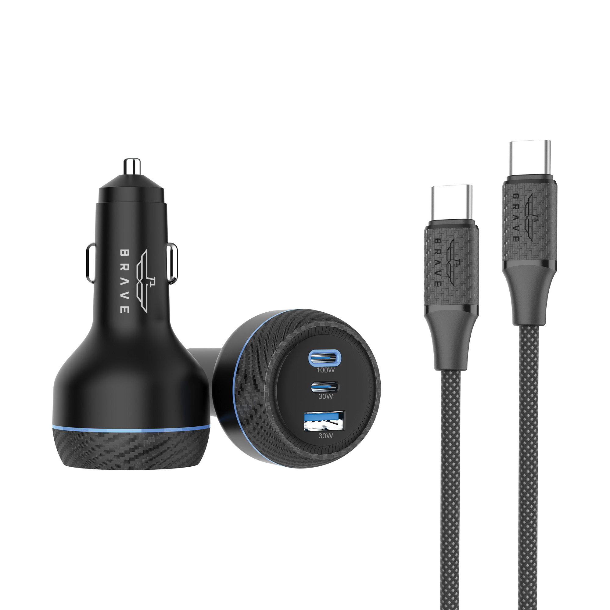 BRAVE 160W USB-C Car Charger BCC-25 – 3-Port Fast Charger with 100W Cable - Black
