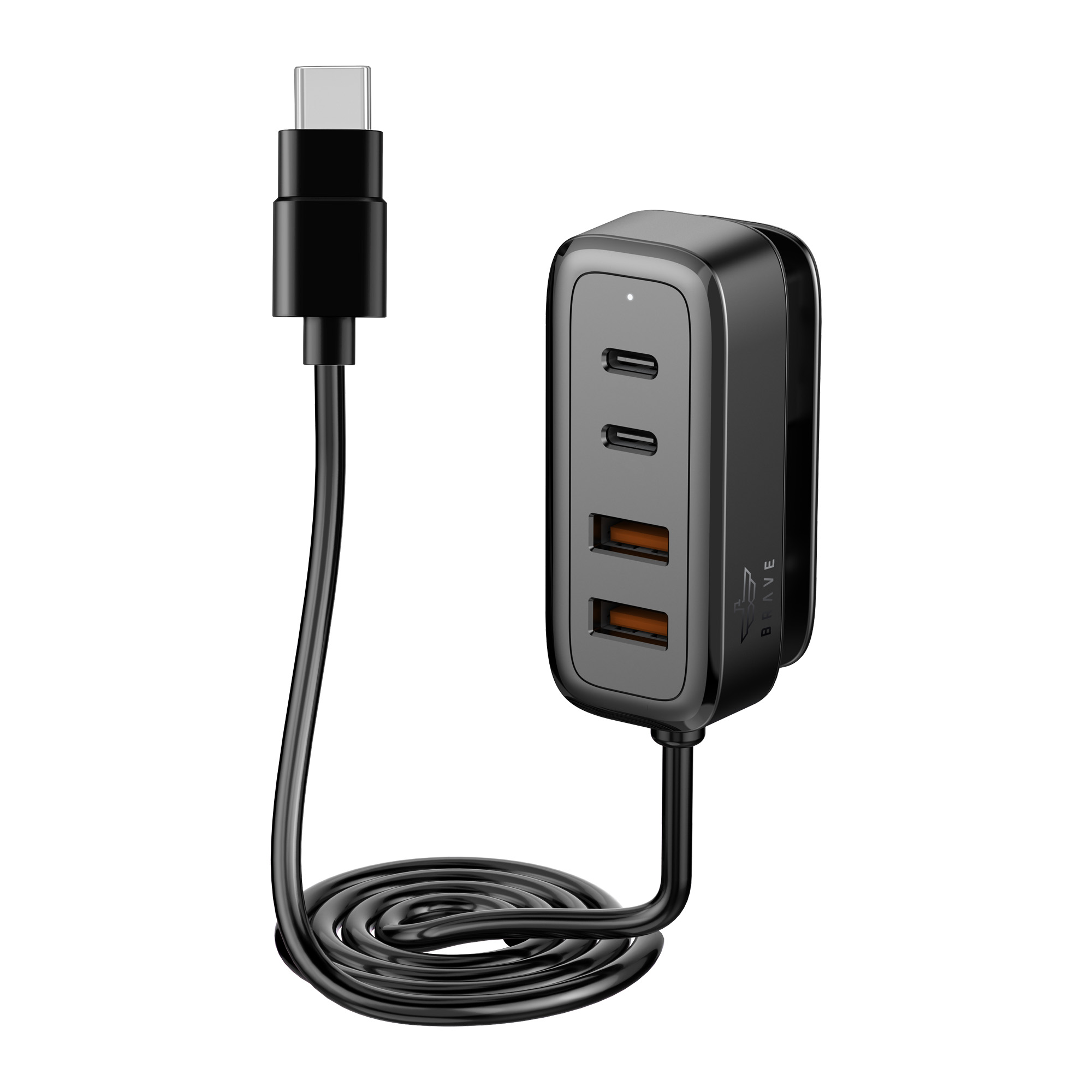 BRAVE BCC-29 60W Multi-Port Car Charger - 2 USB-C + 2 USB-A, 1.5m Type-C Cable - Black