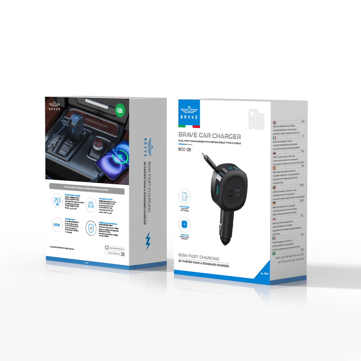 BRAVE BCC-28 60W Dual-Port Car Charger with Retractable 30W USB-C Cable (80cm), PD/PPS Fast Charging, LED Display – Black