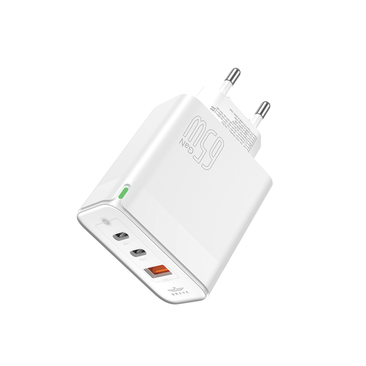 BRAVE BTC-23 65W GaN 3-Port Fast Charger Dual USB-C + USB-A with Type-C to Lightning Cable - White