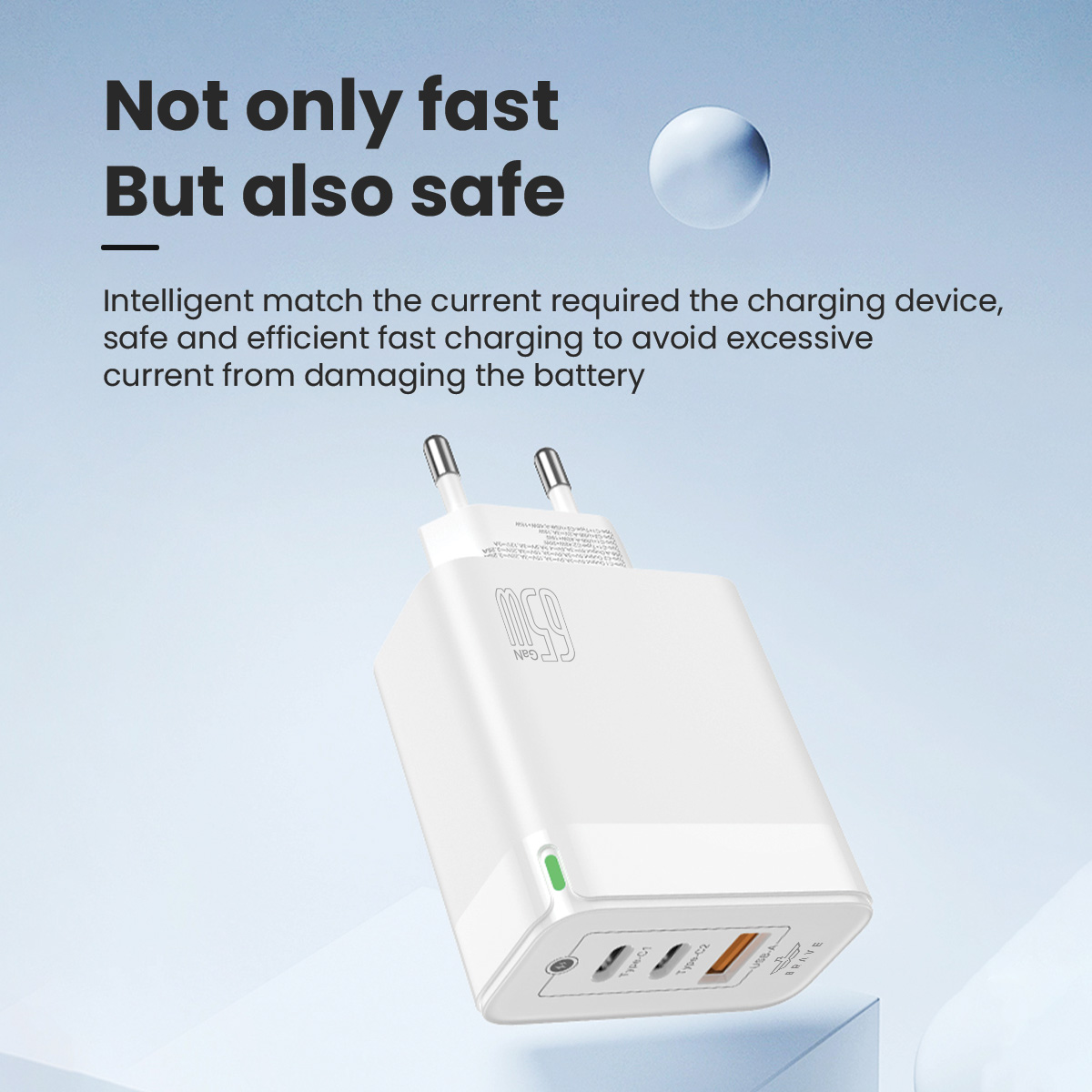 BRAVE BTC-23 65W GaN 3-Port Fast Charger Dual USB-C + USB-A with Type-C to Lightning Cable - White