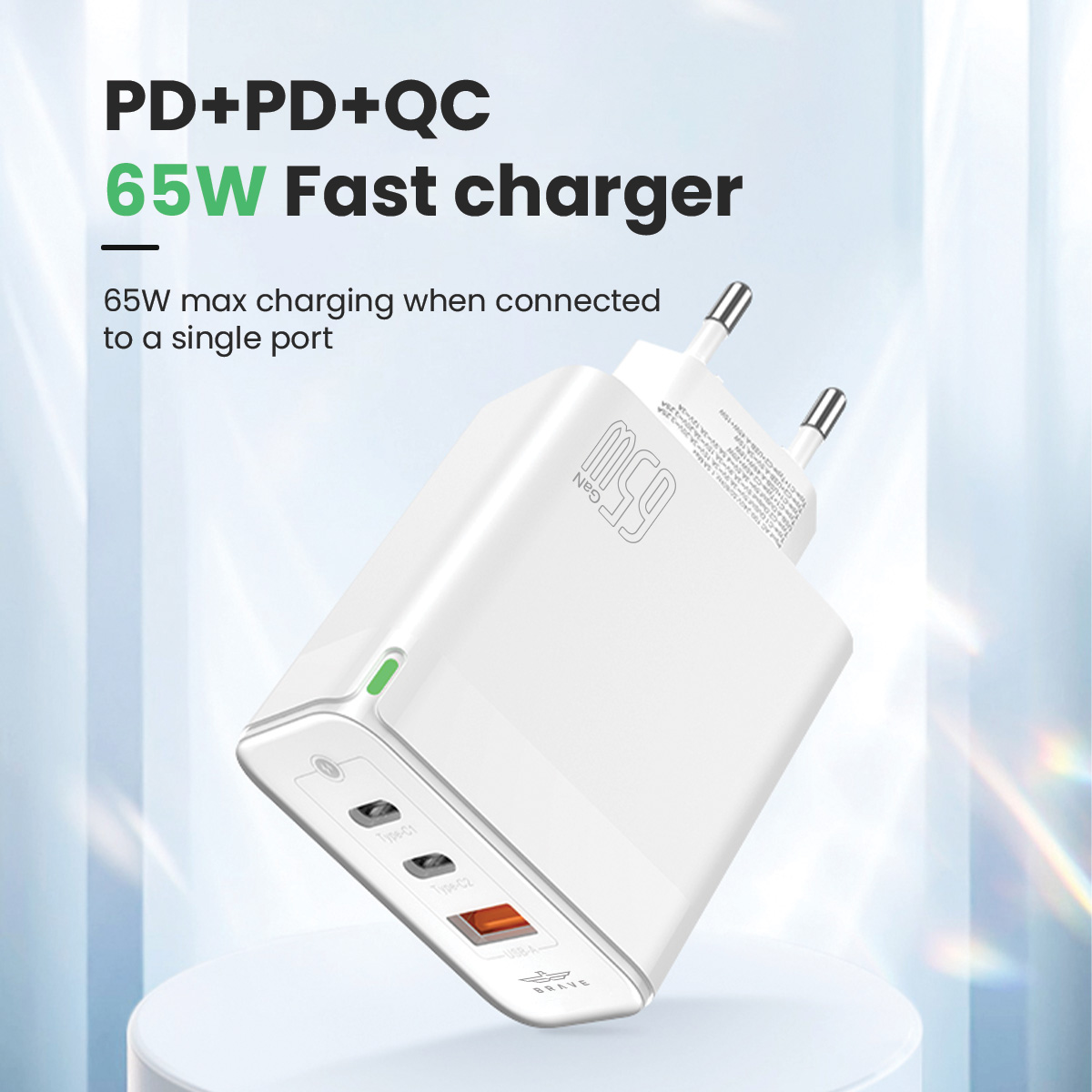 BRAVE BTC-23 65W GaN 3-Port Fast Charger Dual USB-C + USB-A with Type-C to Lightning Cable - White