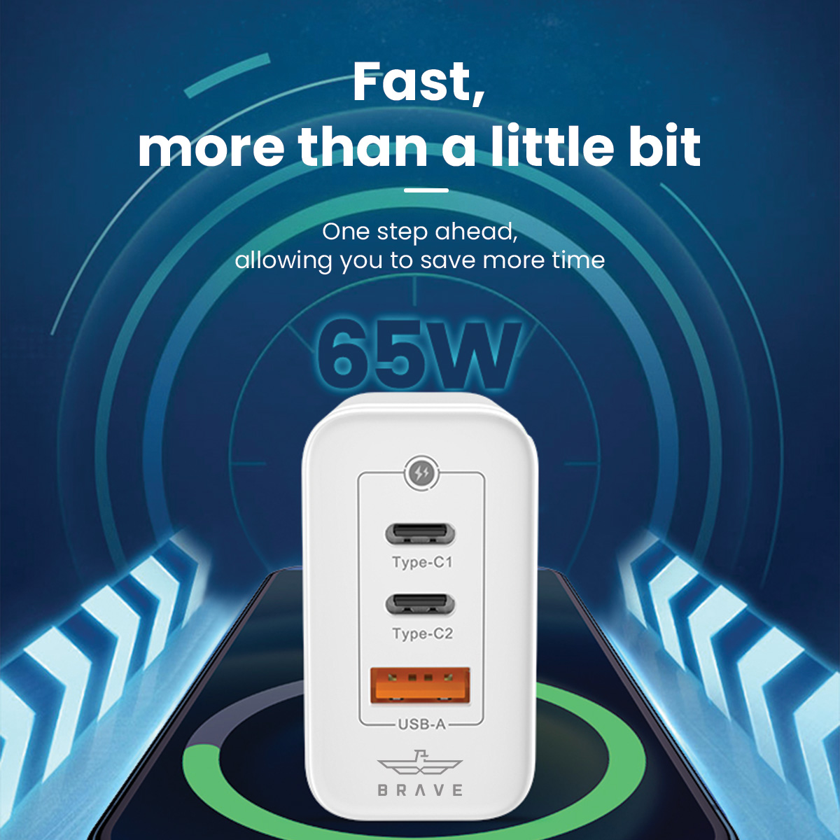 BRAVE BTC-23 65W GaN 3-Port Fast Charger Dual USB-C + USB-A with Type-C to Lightning Cable - White